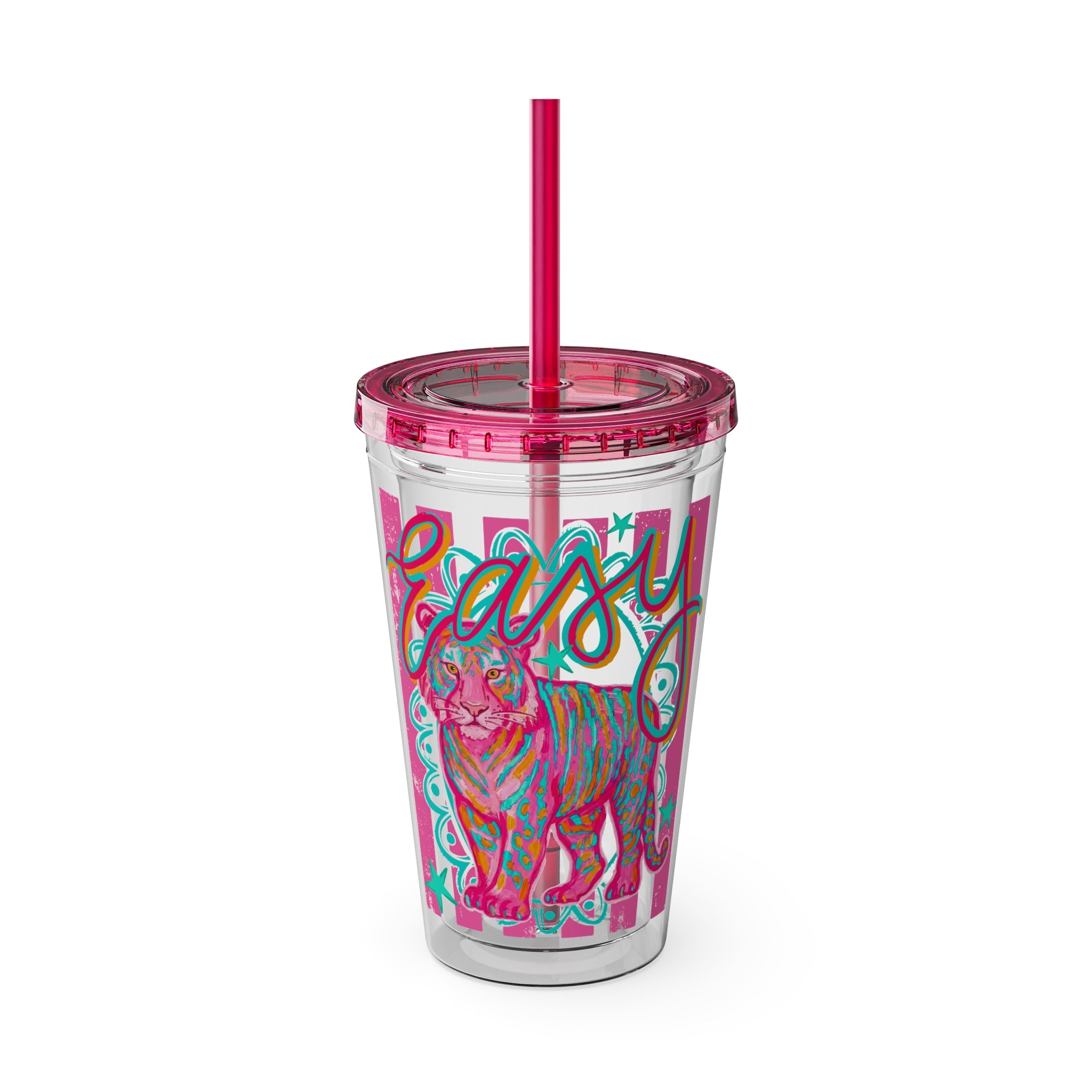 16oz Sunsplash Tumbler with Straw — Colorful 'Easy' Tiger Design
