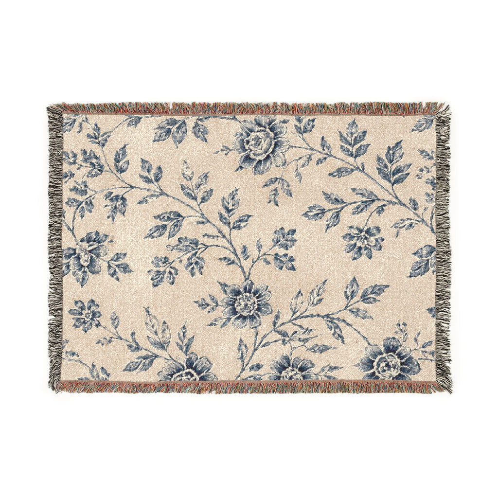 French Toile Woven Blanket — Vintage Floral Fringe Throw Blanket