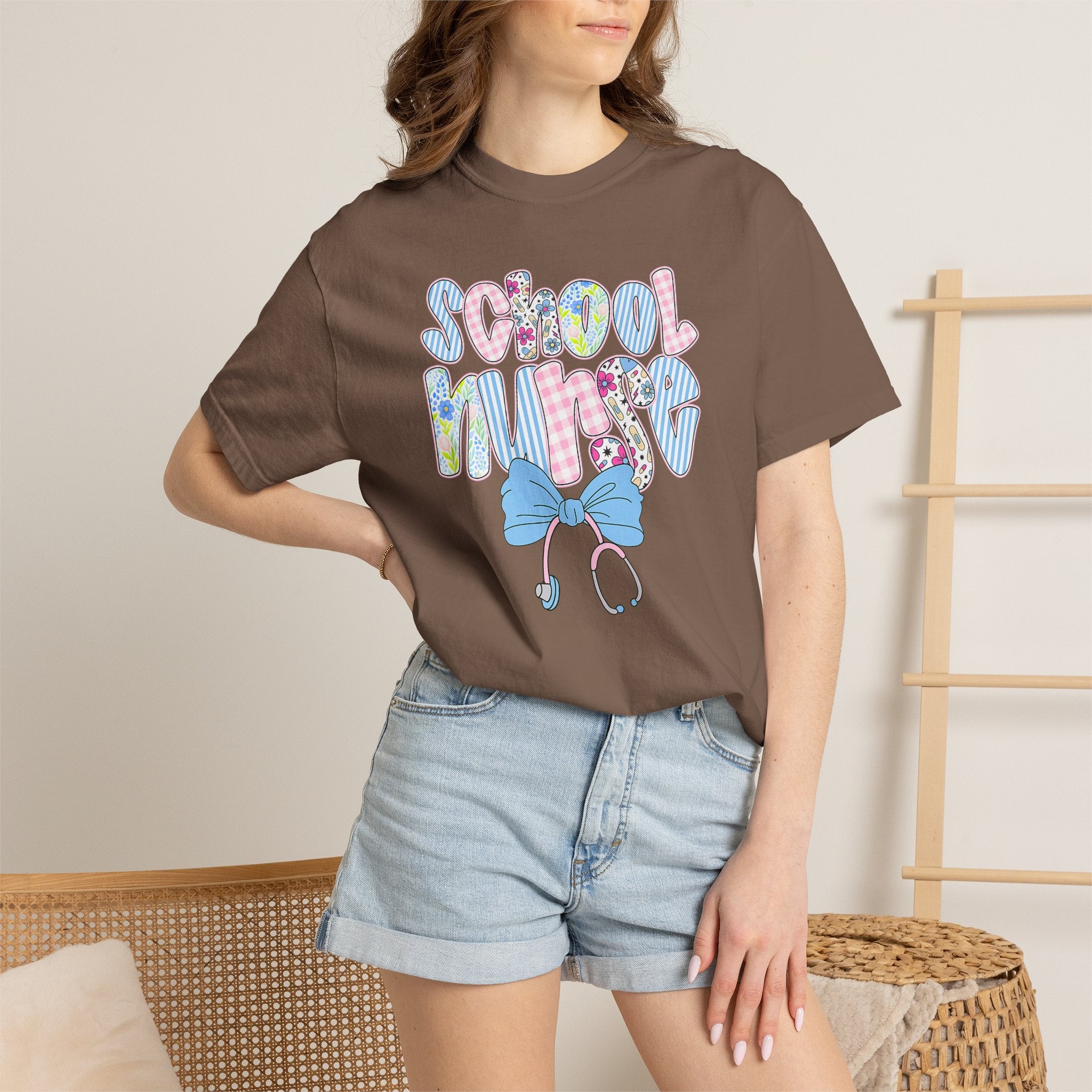 School Nurse T-Shirt — Cute Pastel Medical Design with Stethoscope & Bow