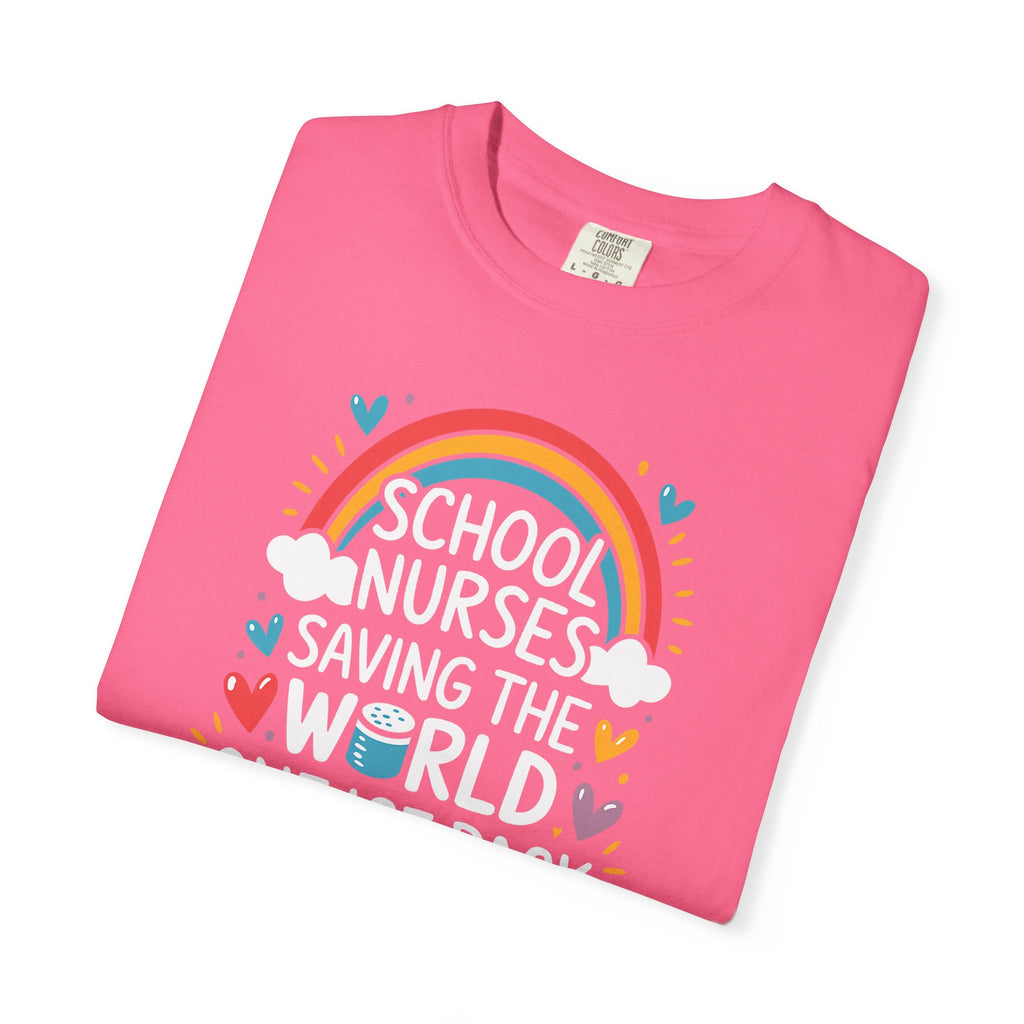 School Nurse T-Shirt — "Saving the World One Ice Pack at a Time" Cute Rainbow Graphic