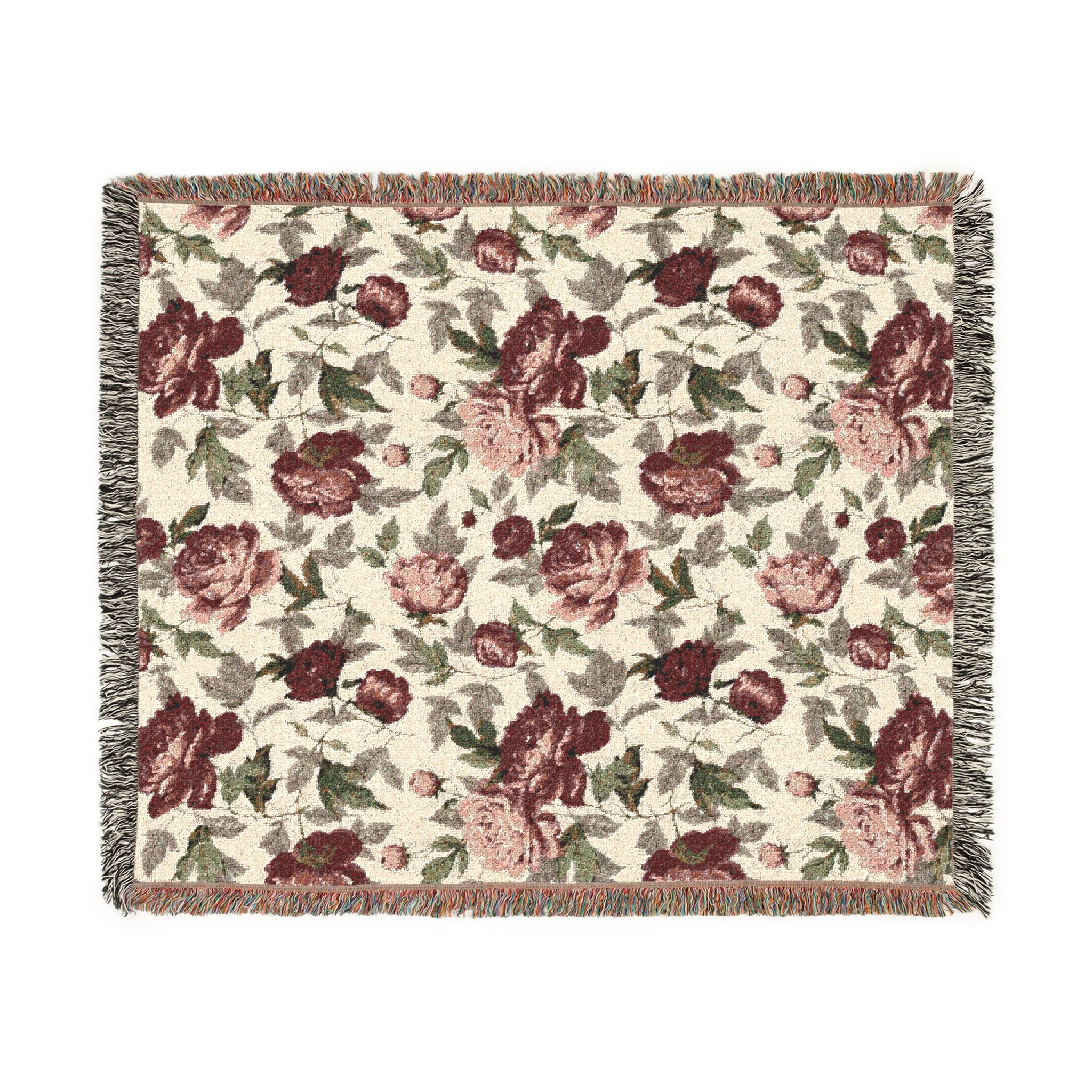 Rosegarden Heirloom Woven Throw Blanket — Reversible Vintage Rose & Teal Camouflage