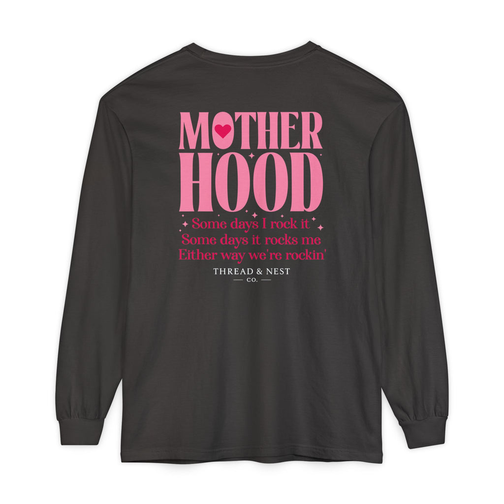 Motherhood Long Sleeve Tee — Pink Retro Heart Graphic