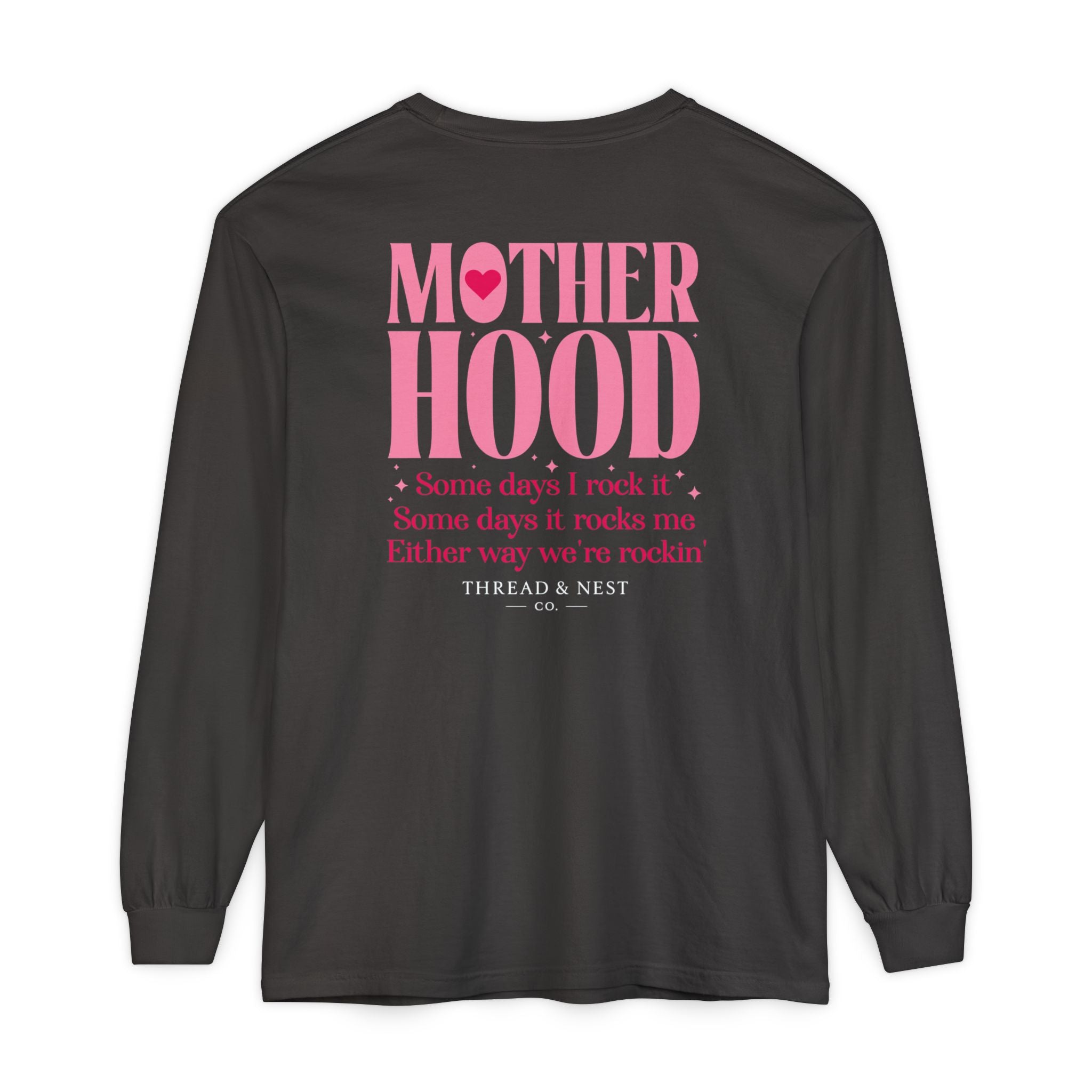 Motherhood Long Sleeve Tee — Pink Retro Heart Graphic