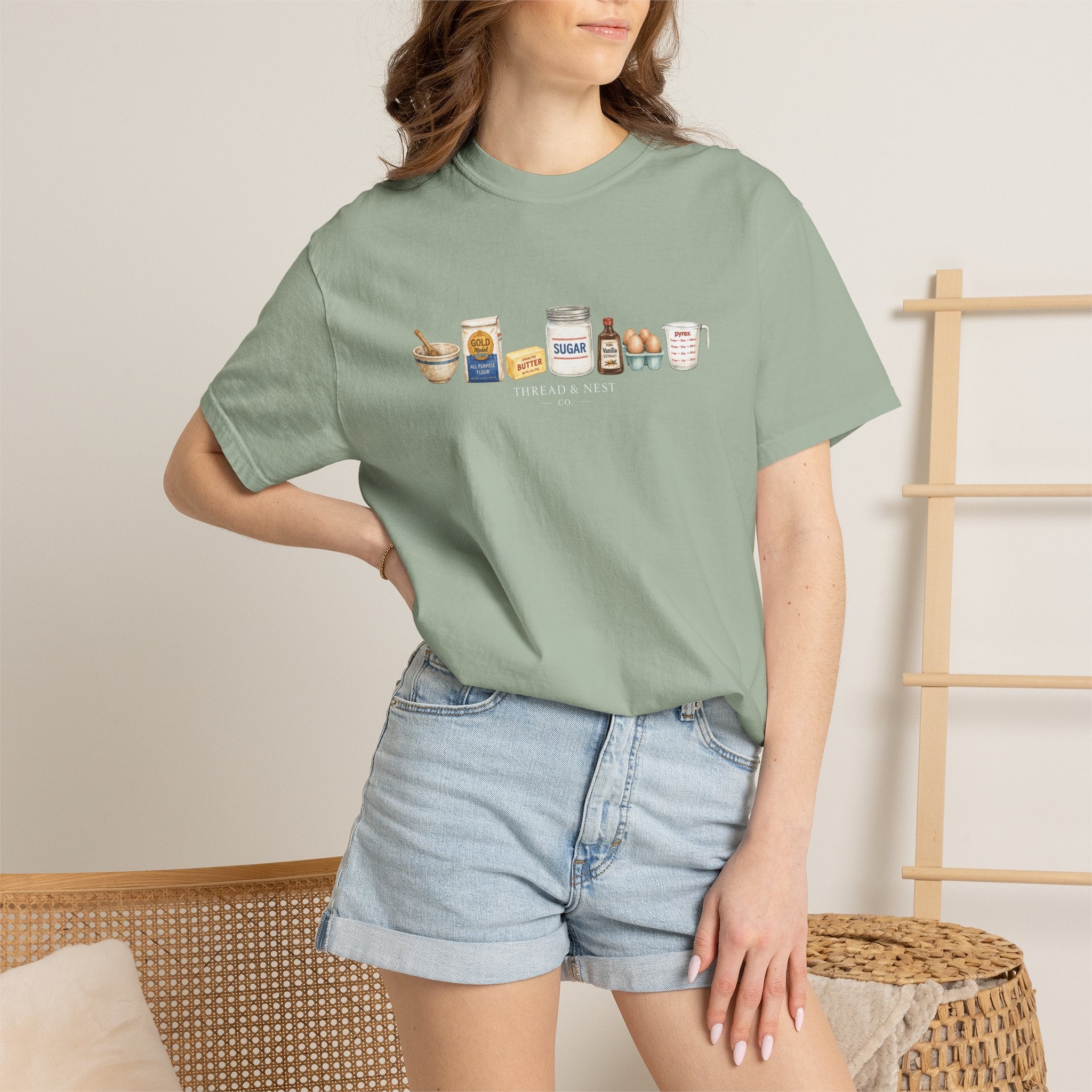 Baking Ingredients T-Shirt — Cute Illustrated Flour, Eggs & Milk Kitchen Tee