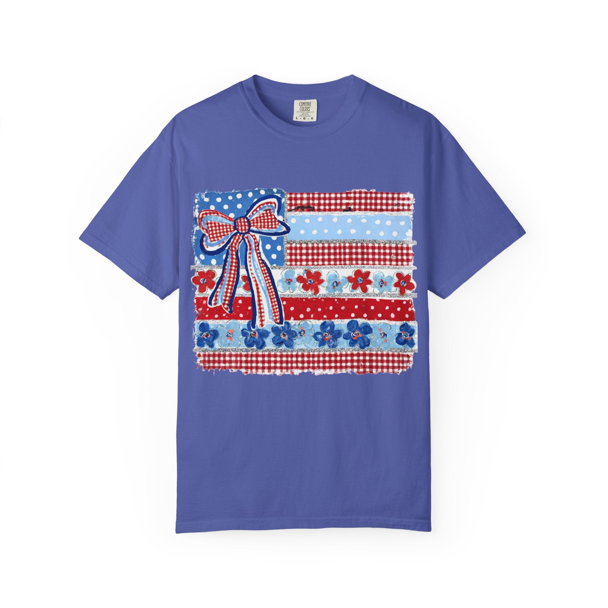 Patriotic Patchwork Flag T-Shirt — Red White & Blue Bow Tee