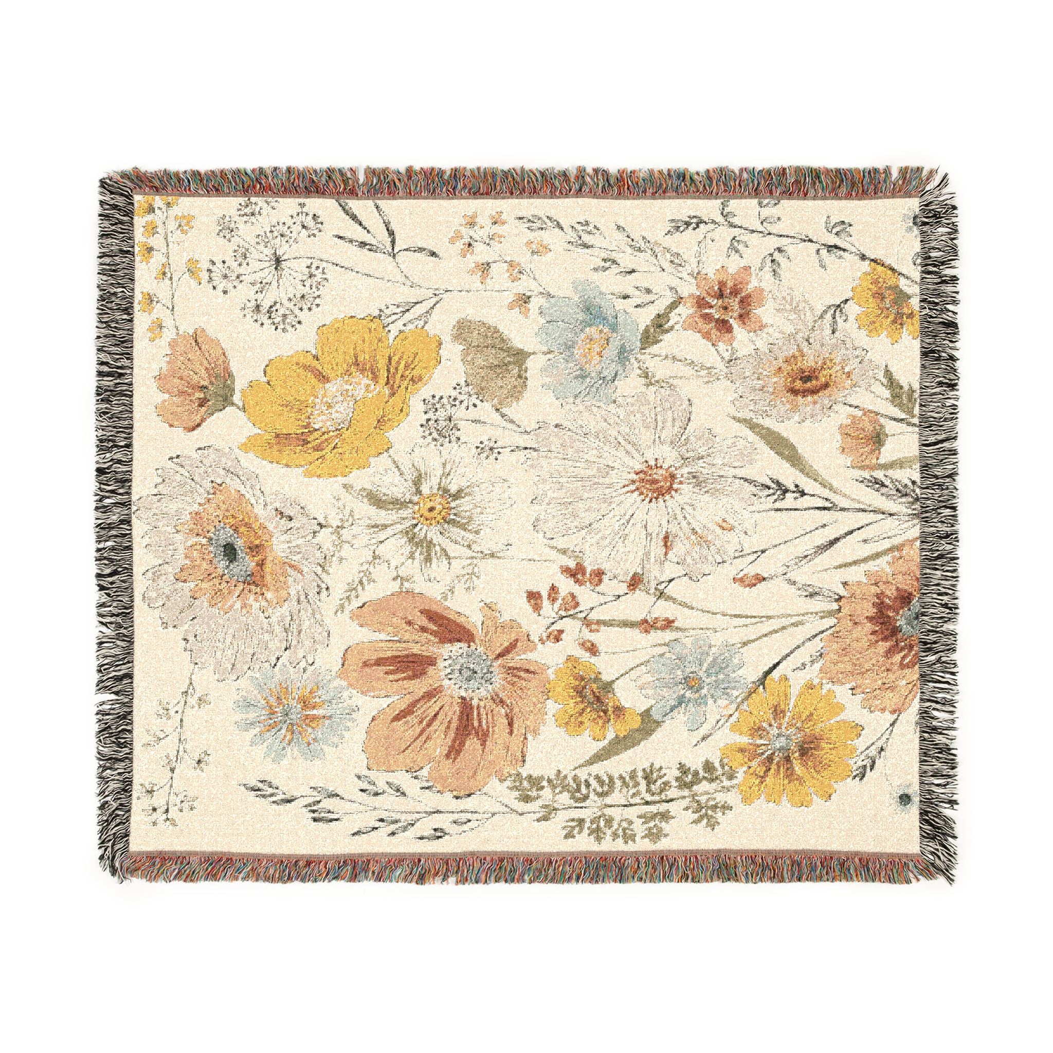 Prairie Wildflowers Woven Blanket — Reversible Vintage Flower Throw for Cozy Home Decor