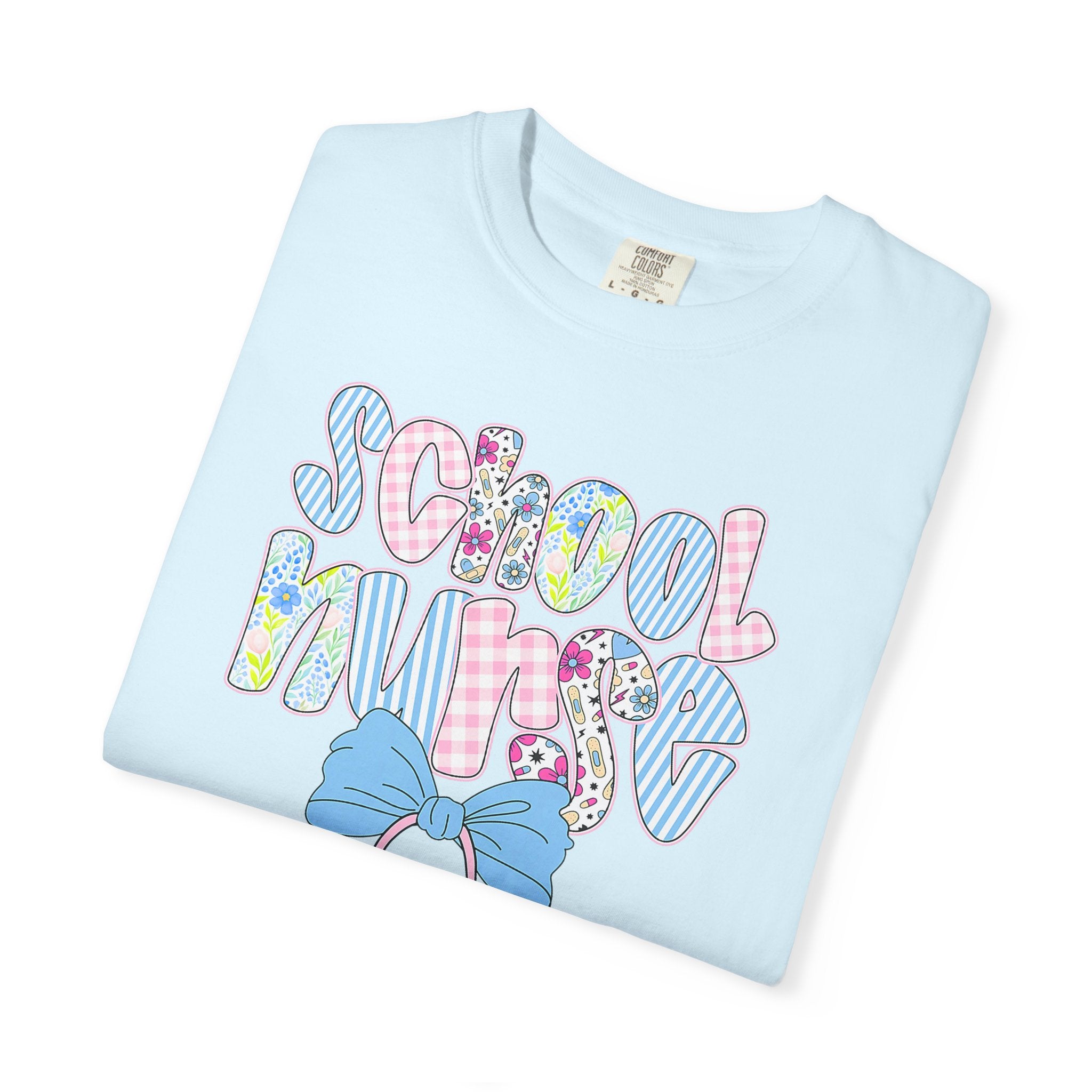 School Nurse T-Shirt — Cute Pastel Medical Design with Stethoscope & Bow