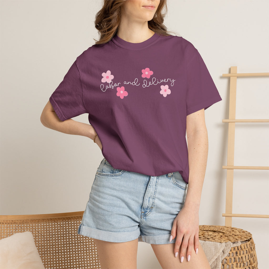 T-Shirt — “Labor and Delivery” Pink Flower Script Tee