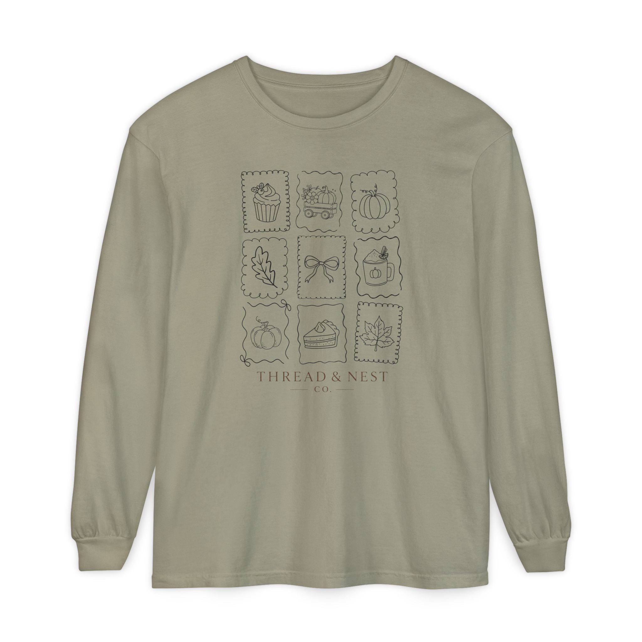 Autumn Icons Long Sleeve Tee — Hand-Drawn Fall Stamps Design