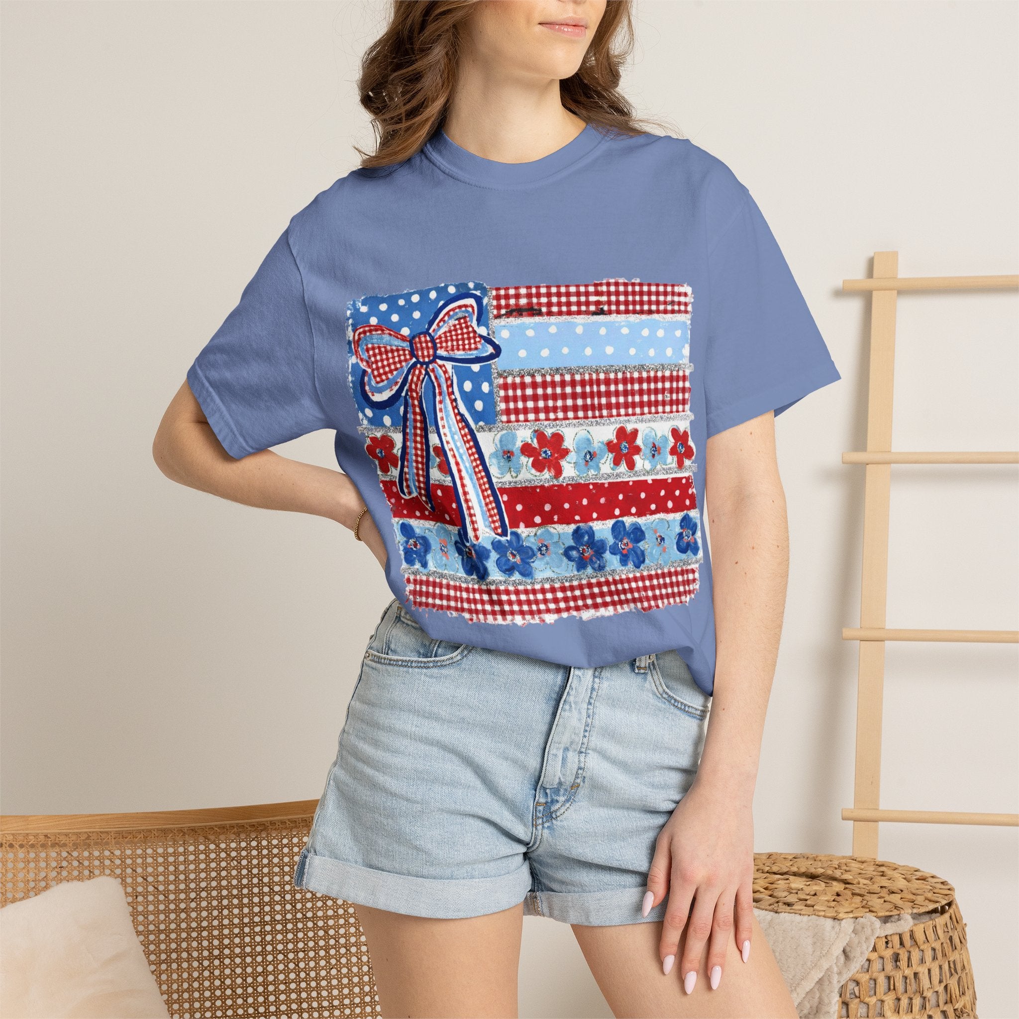 Patriotic Patchwork Flag T-Shirt — Red White & Blue Bow Tee