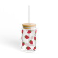 Strawberry Pattern Sipper Glass, 16oz – Clear Mason-Style Tumbler with Bamboo Lid & Straw