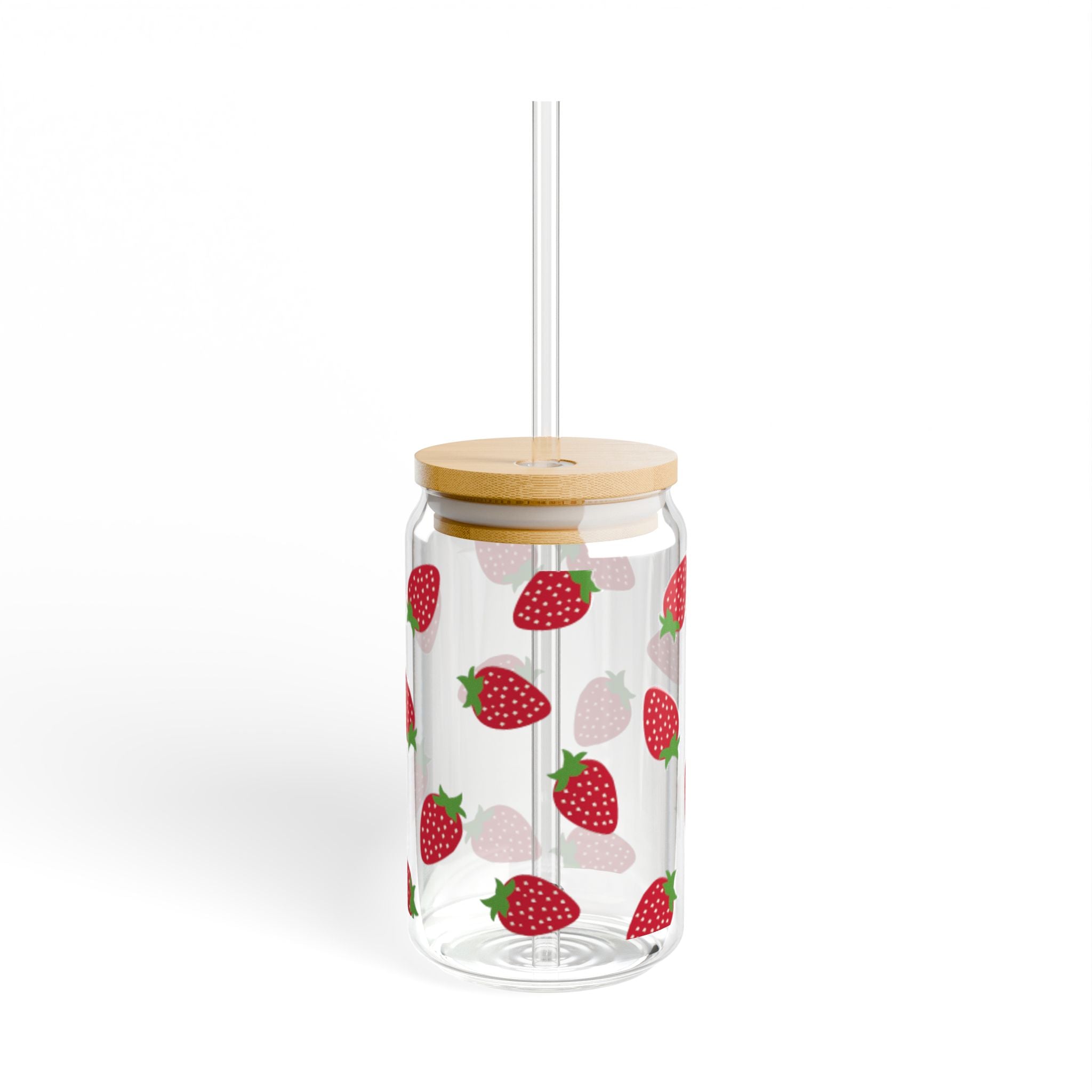 Strawberry Pattern Sipper Glass, 16oz – Clear Mason-Style Tumbler with Bamboo Lid & Straw