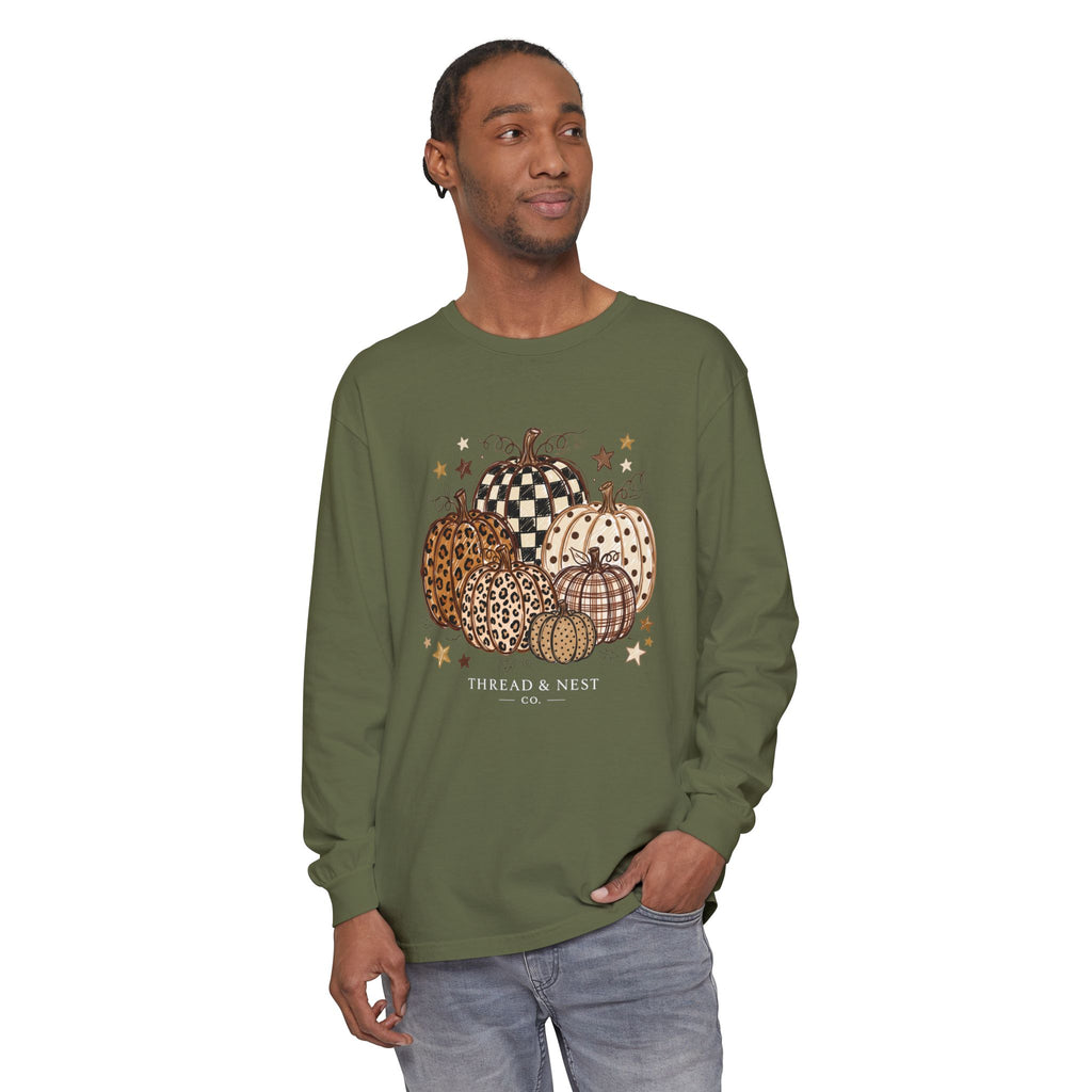 Fall Patterned Pumpkins Long Sleeve Tee — Neutral Plaid & Leopard Pumpkin Shirt
