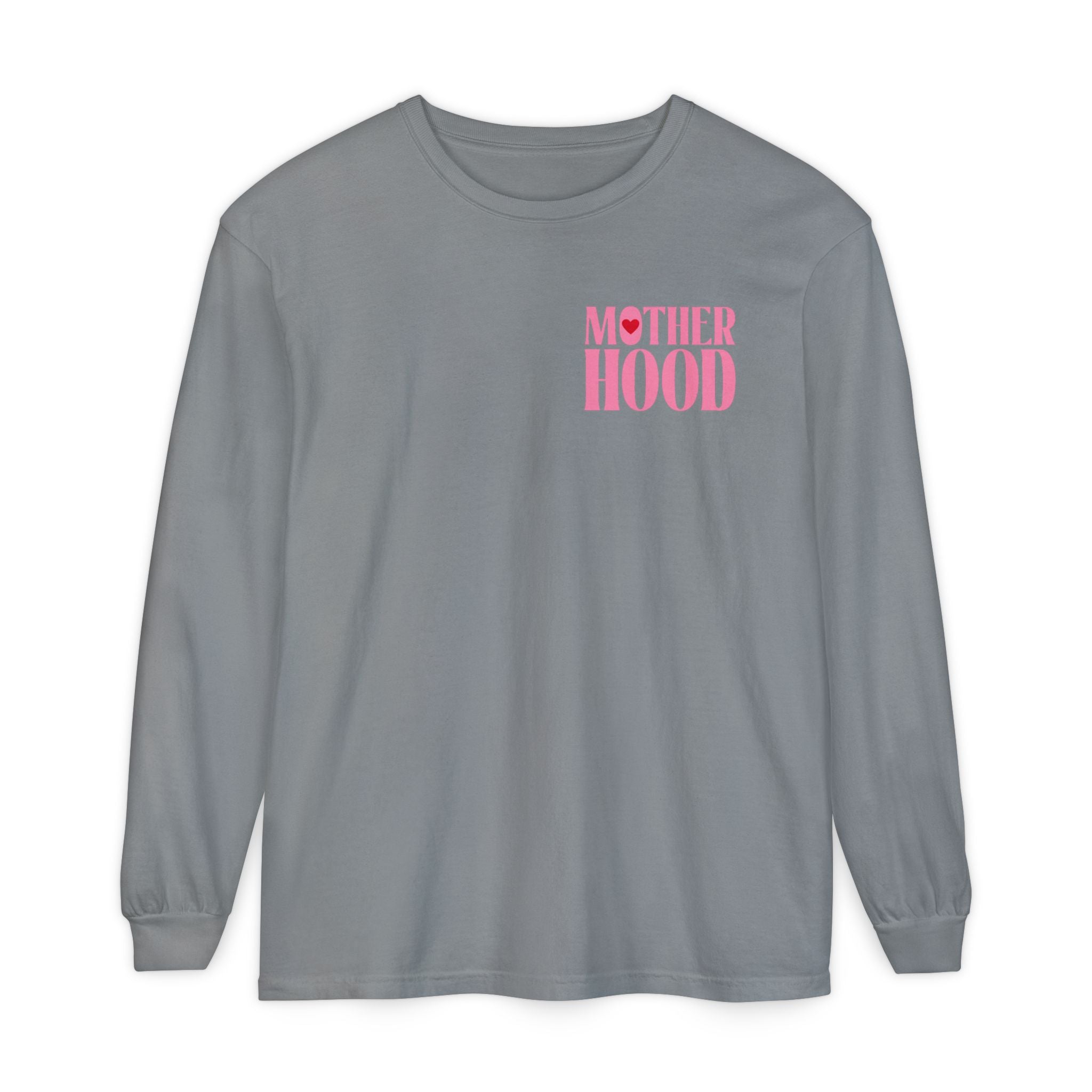 Motherhood Long Sleeve Tee — Pink Retro Heart Graphic