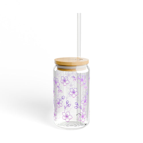 16oz Floral Sipper Glass with Bamboo Lid & Straw — Purple Daisy Drinkware