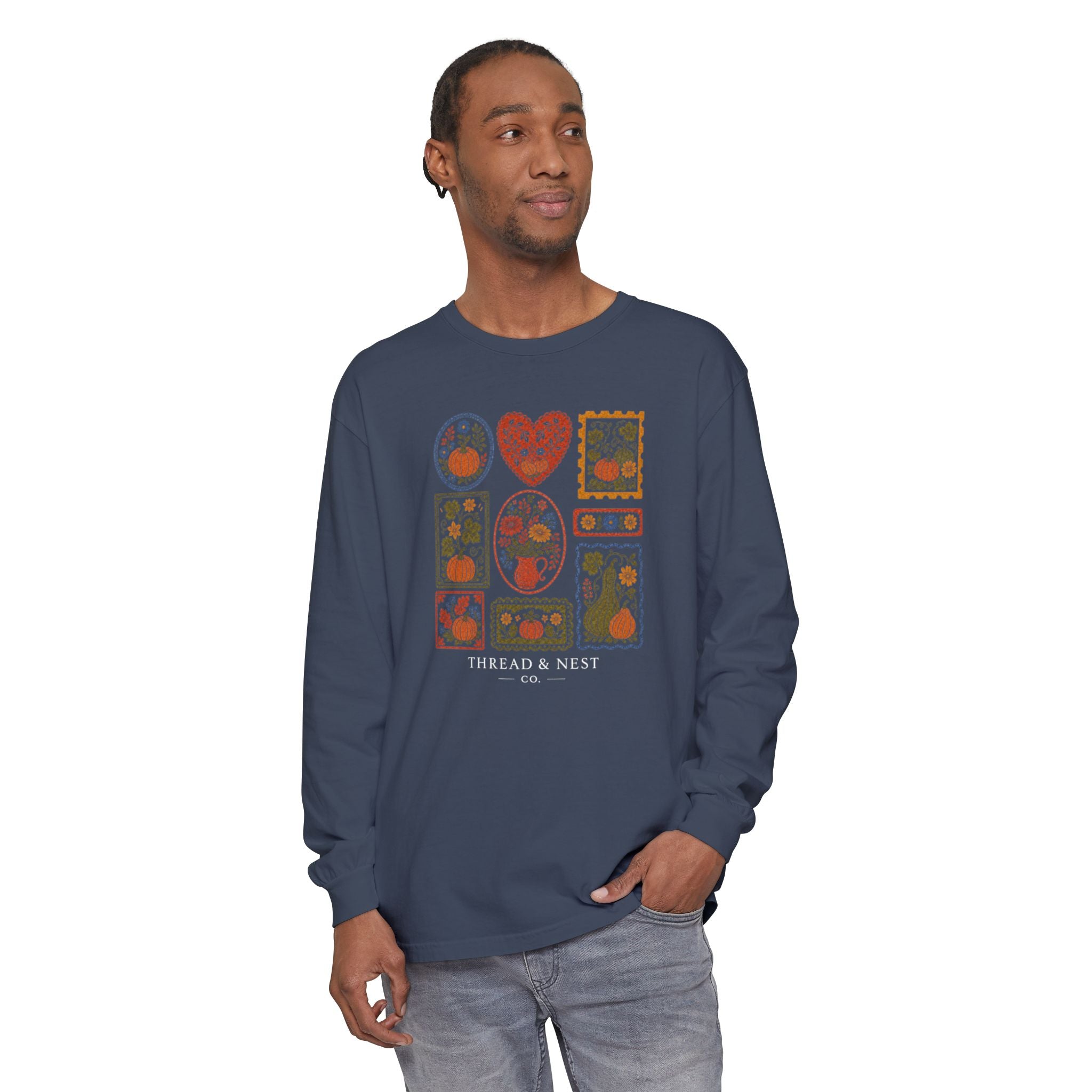 Botanical Patchwork Long Sleeve Tee — "Thread & Nest" Graphic