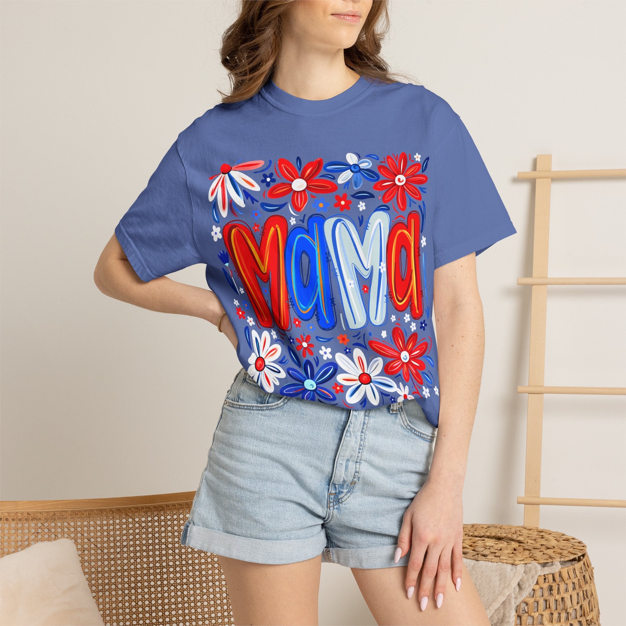 Mama Floral T-Shirt — Patriotic Red, White & Blue Mother's Day Tee