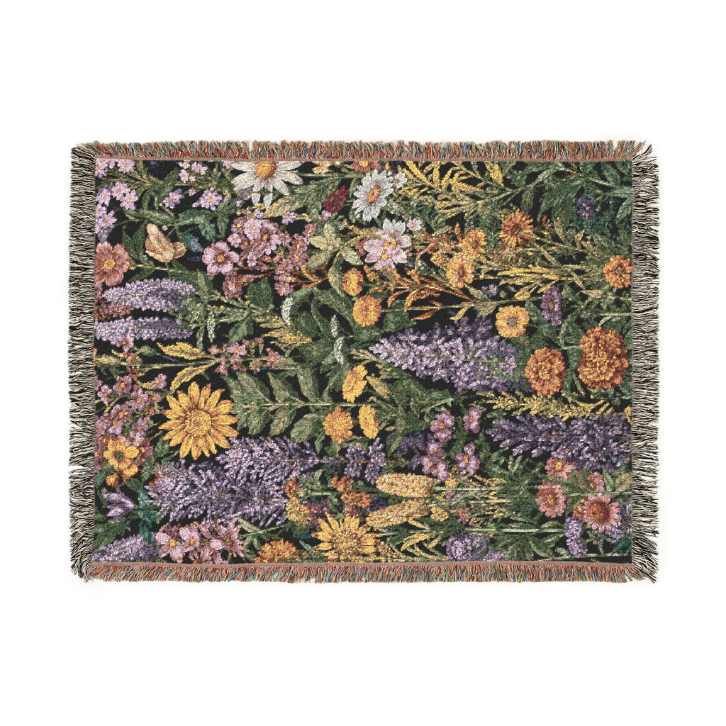 Midnight Meadow Woven Blanket — Vintage Botanical Throw for Living Room & Patio