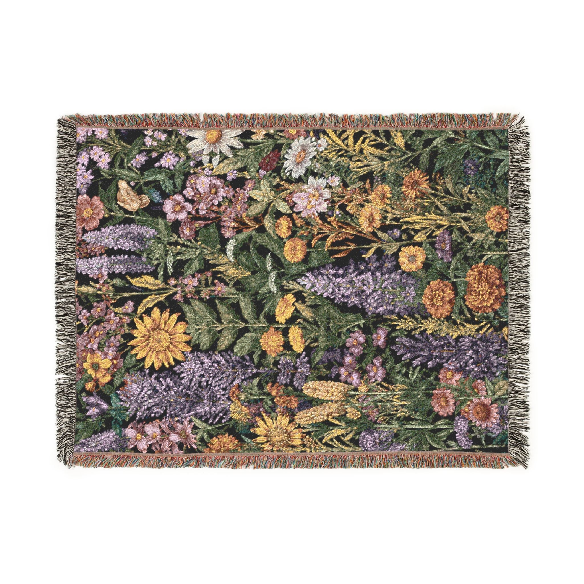 Midnight Meadow Woven Blanket — Vintage Botanical Throw for Living Room & Patio