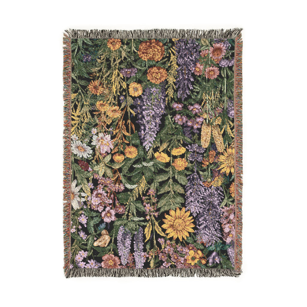 Midnight Meadow Woven Blanket — Vintage Botanical Throw for Living Room & Patio