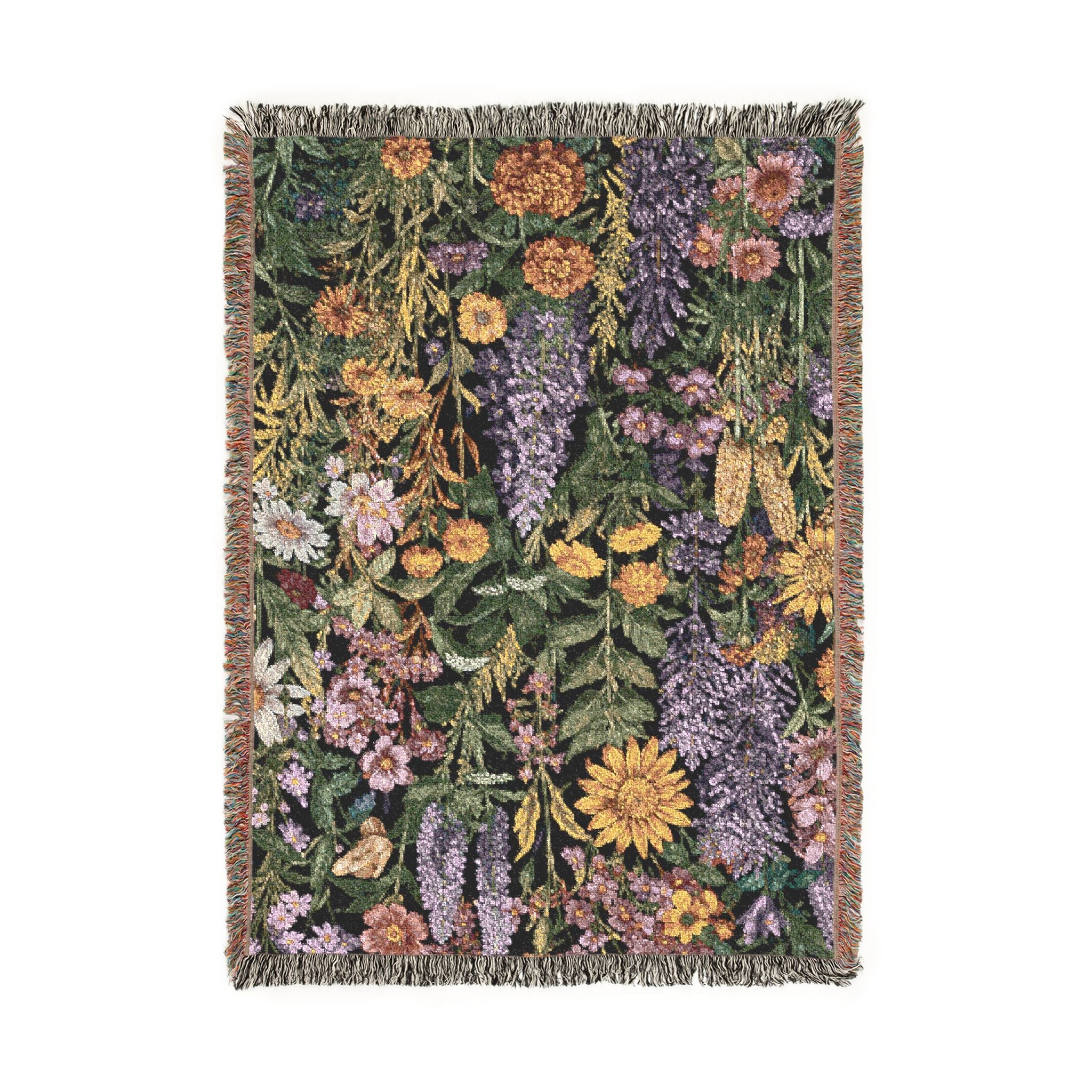Midnight Meadow Woven Blanket — Vintage Botanical Throw for Living Room & Patio