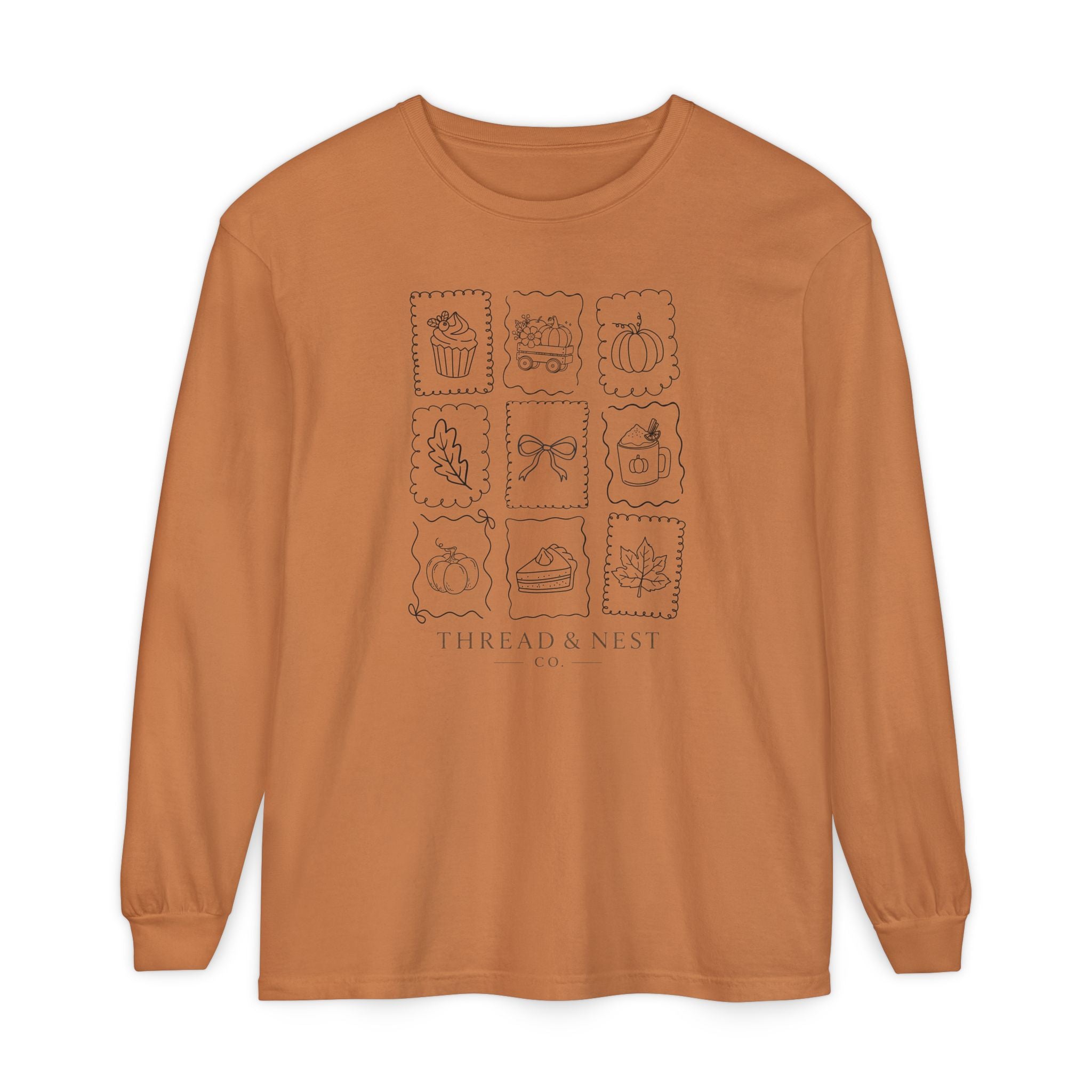 Autumn Icons Long Sleeve Tee — Hand-Drawn Fall Stamps Design