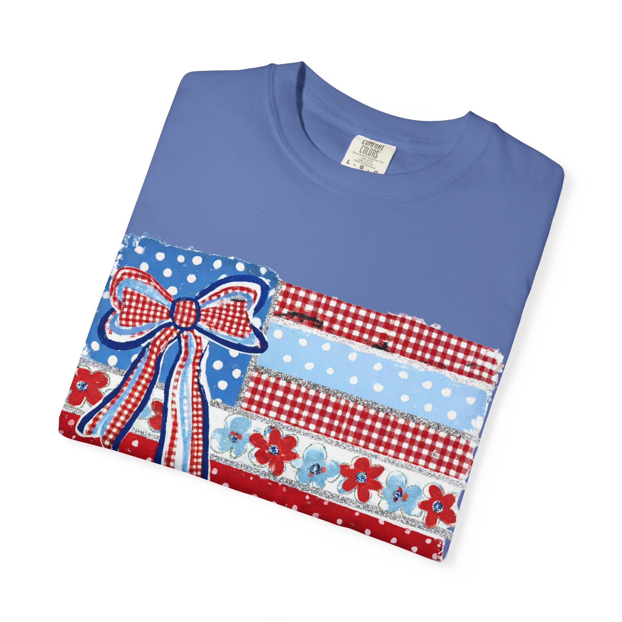 Patriotic Patchwork Flag T-Shirt — Red White & Blue Bow Tee