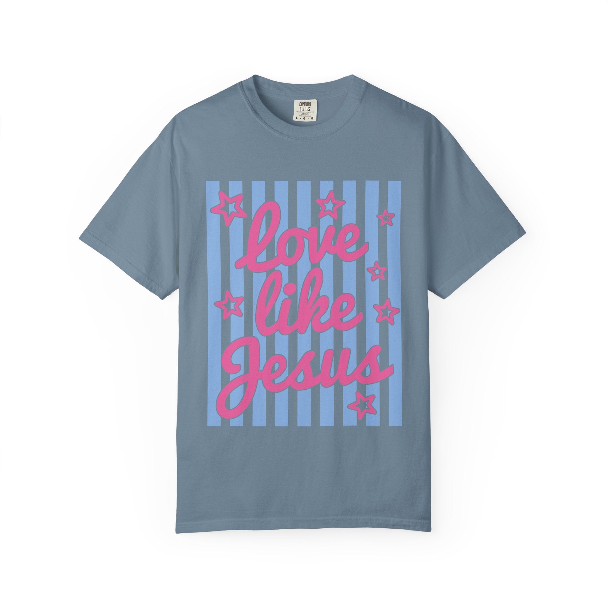 Love Like Jesus T-Shirt — Retro Pink Script on Blue Stripe Christian Tee