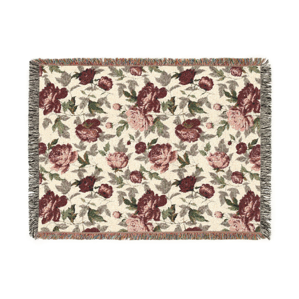 Rosegarden Heirloom Woven Throw Blanket — Reversible Vintage Rose & Teal Camouflage