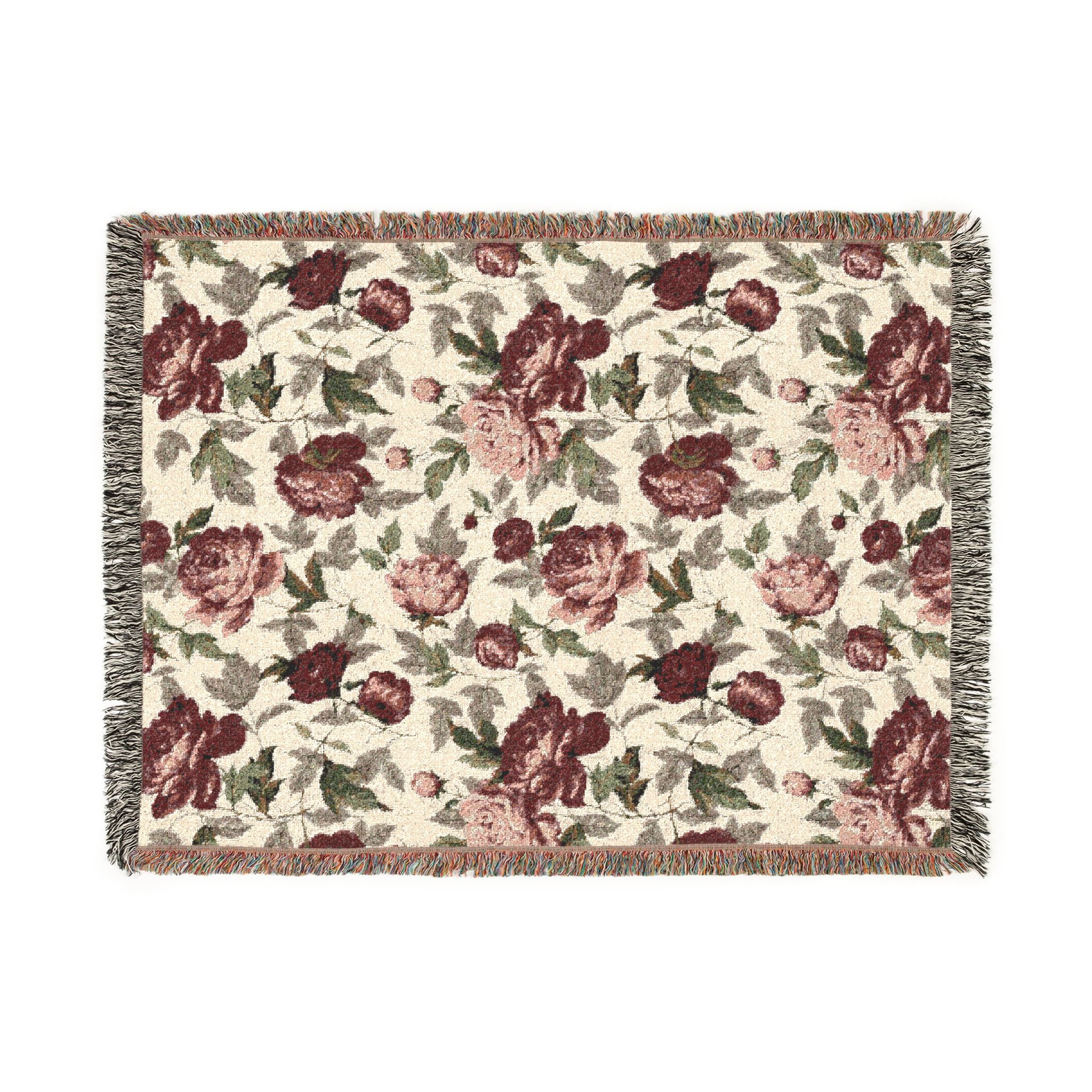 Rosegarden Heirloom Woven Throw Blanket — Reversible Vintage Rose & Teal Camouflage