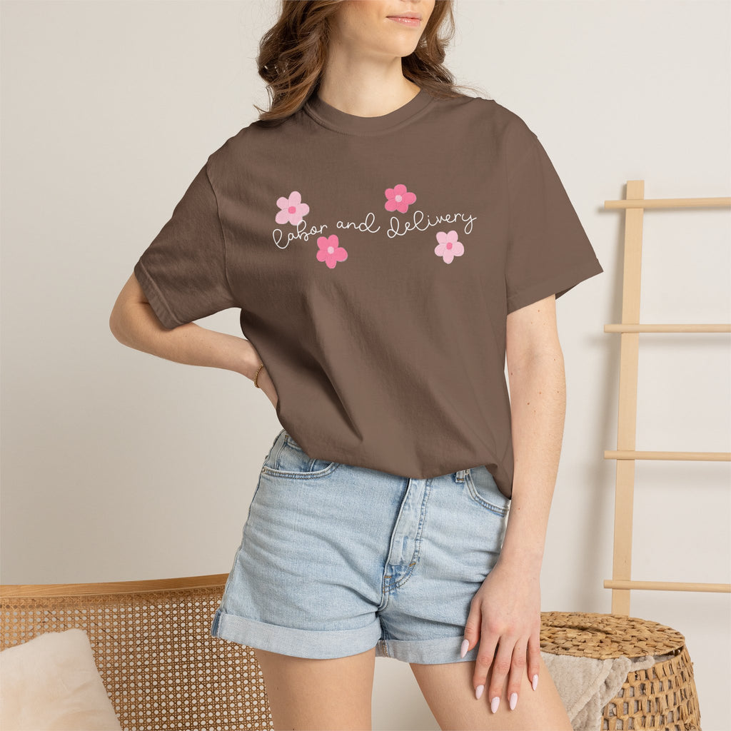 T-Shirt — “Labor and Delivery” Pink Flower Script Tee