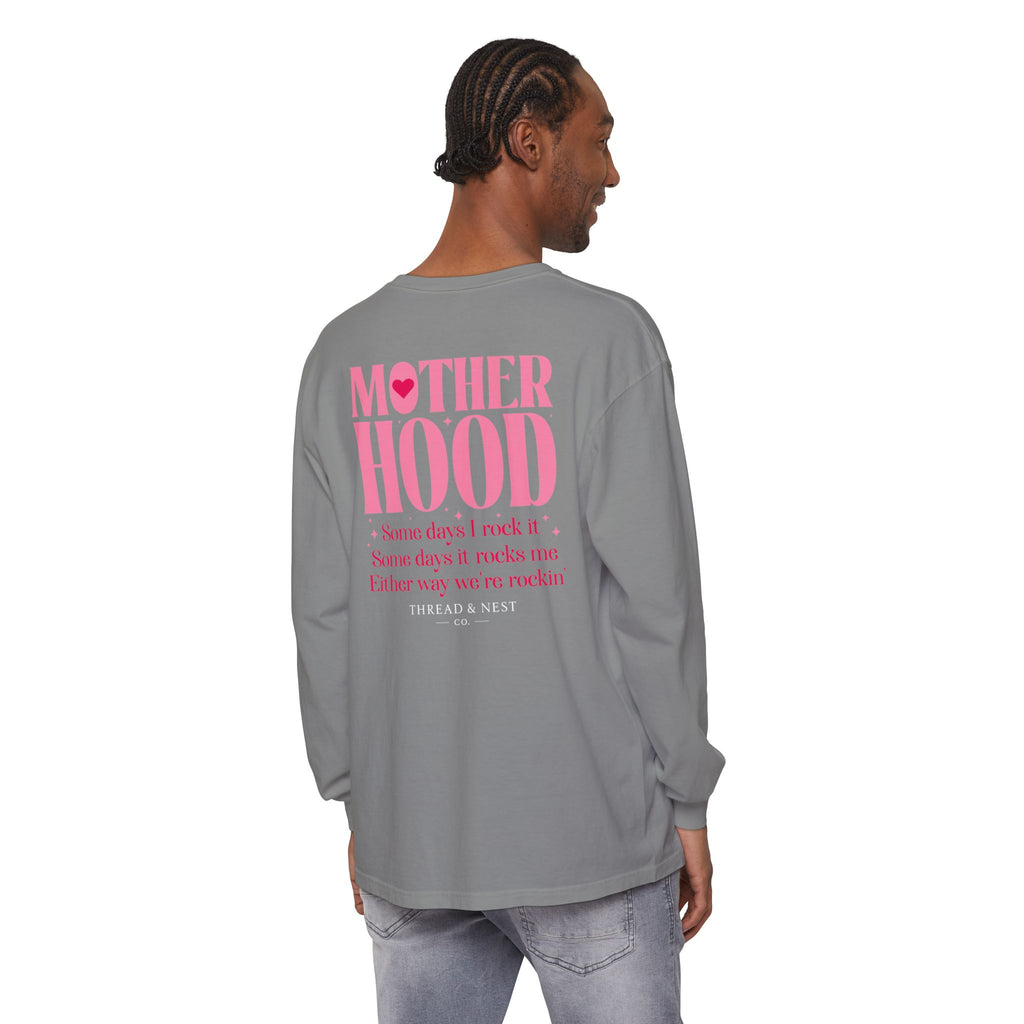Motherhood Long Sleeve Tee — Pink Retro Heart Graphic