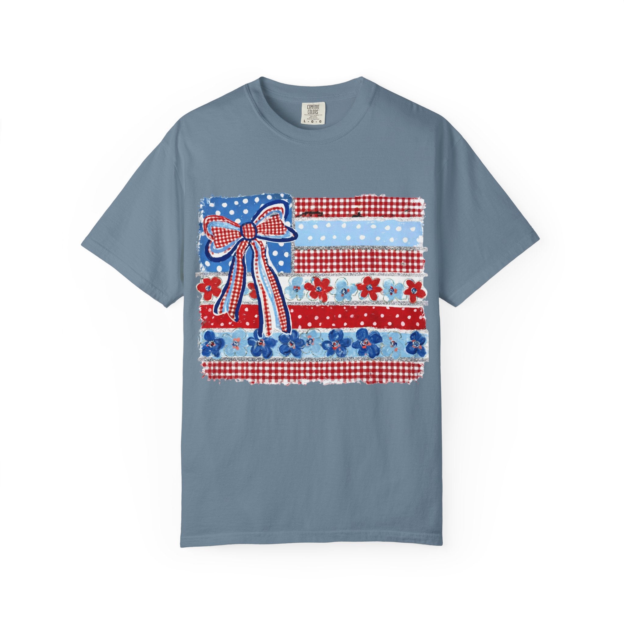 Patriotic Patchwork Flag T-Shirt — Red White & Blue Bow Tee