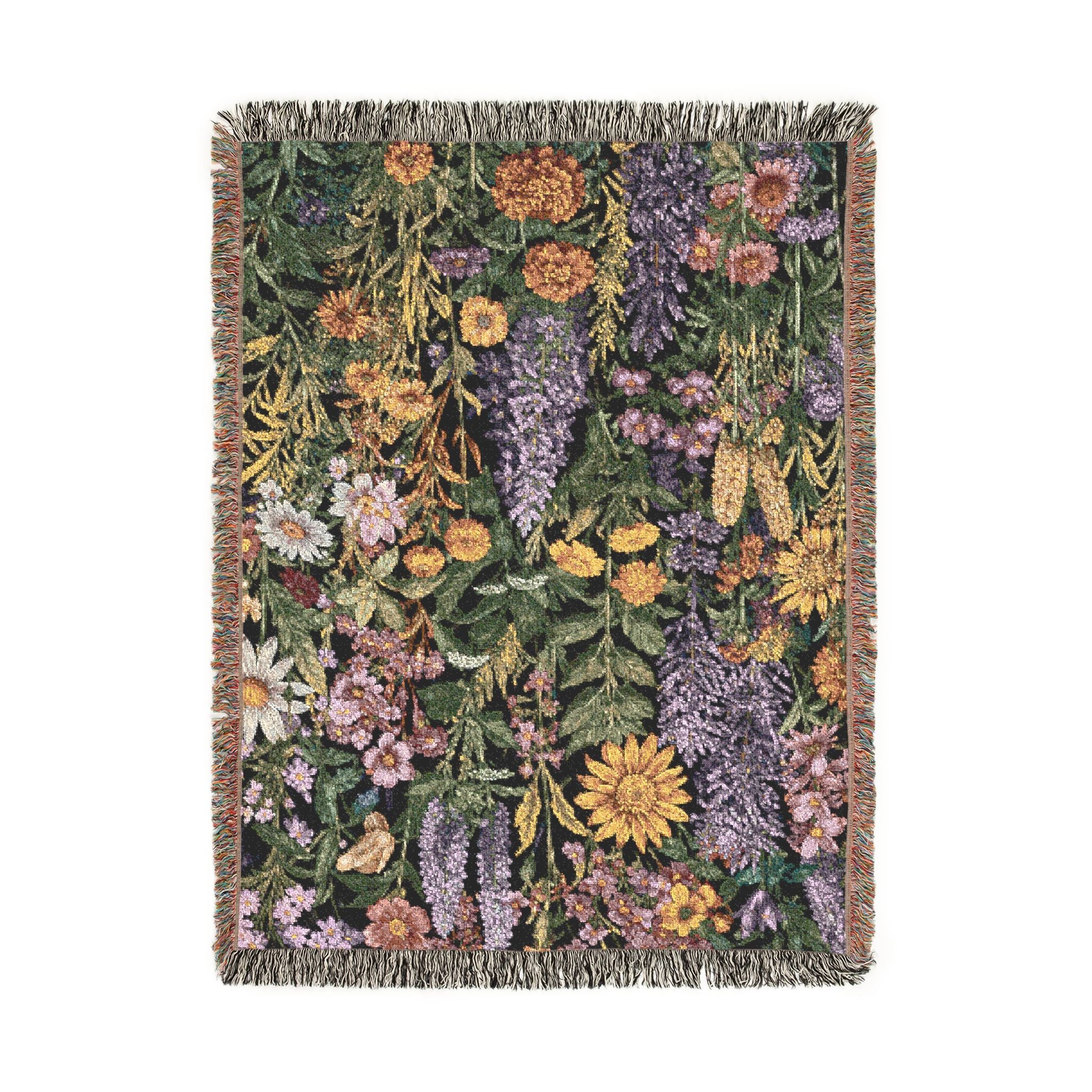 Midnight Meadow Woven Blanket — Vintage Botanical Throw for Living Room & Patio