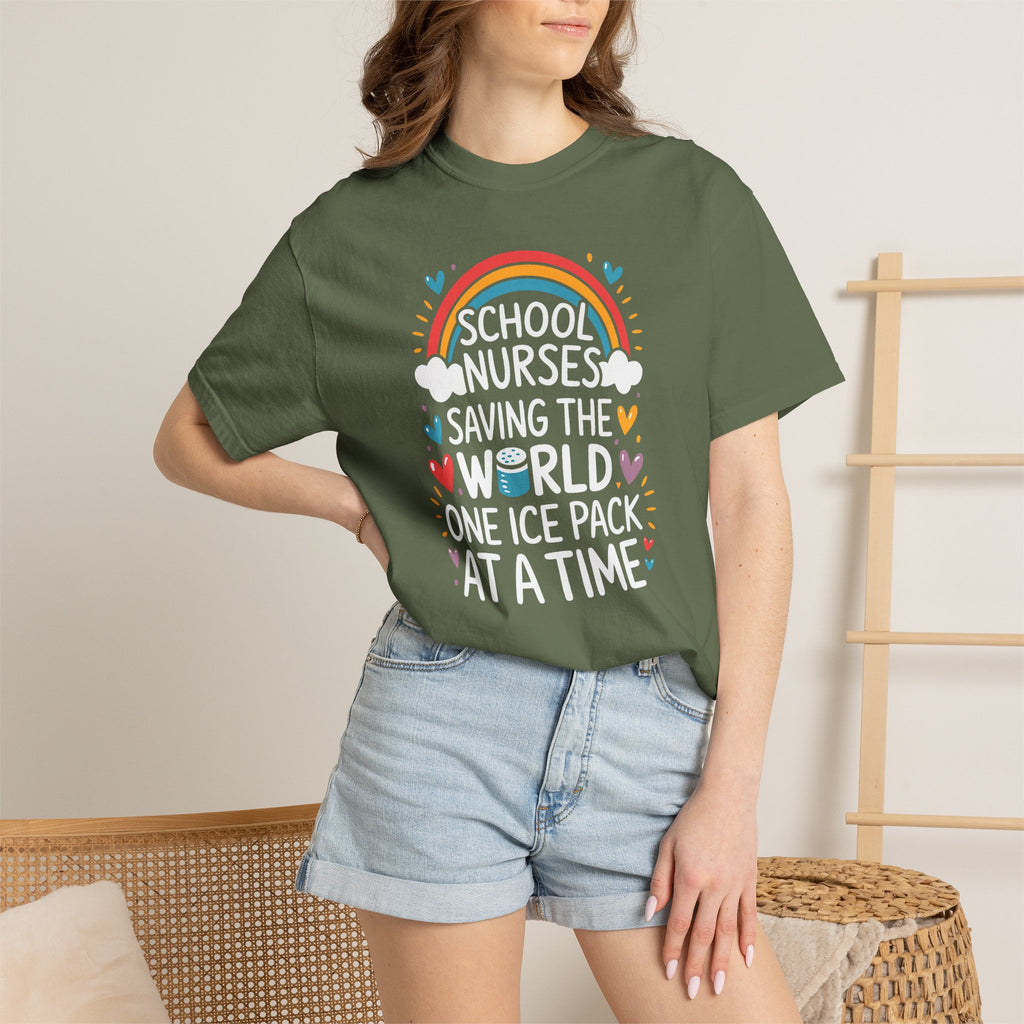 School Nurse T-Shirt — "Saving the World One Ice Pack at a Time" Cute Rainbow Graphic