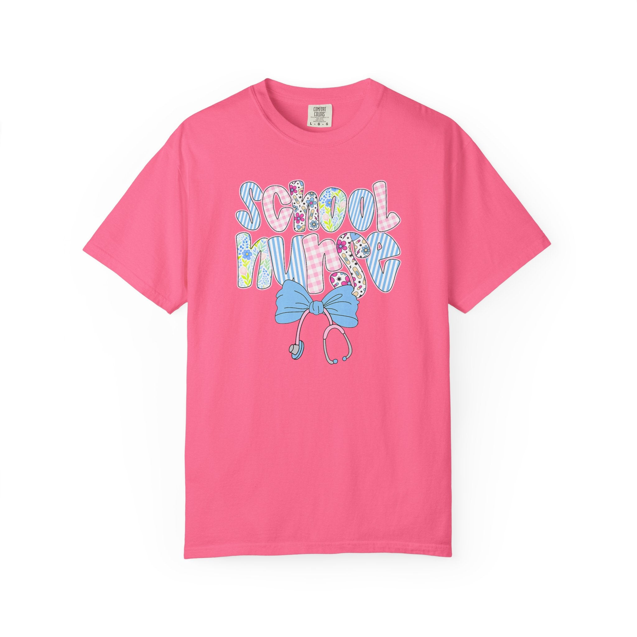 School Nurse T-Shirt — Cute Pastel Medical Design with Stethoscope & Bow