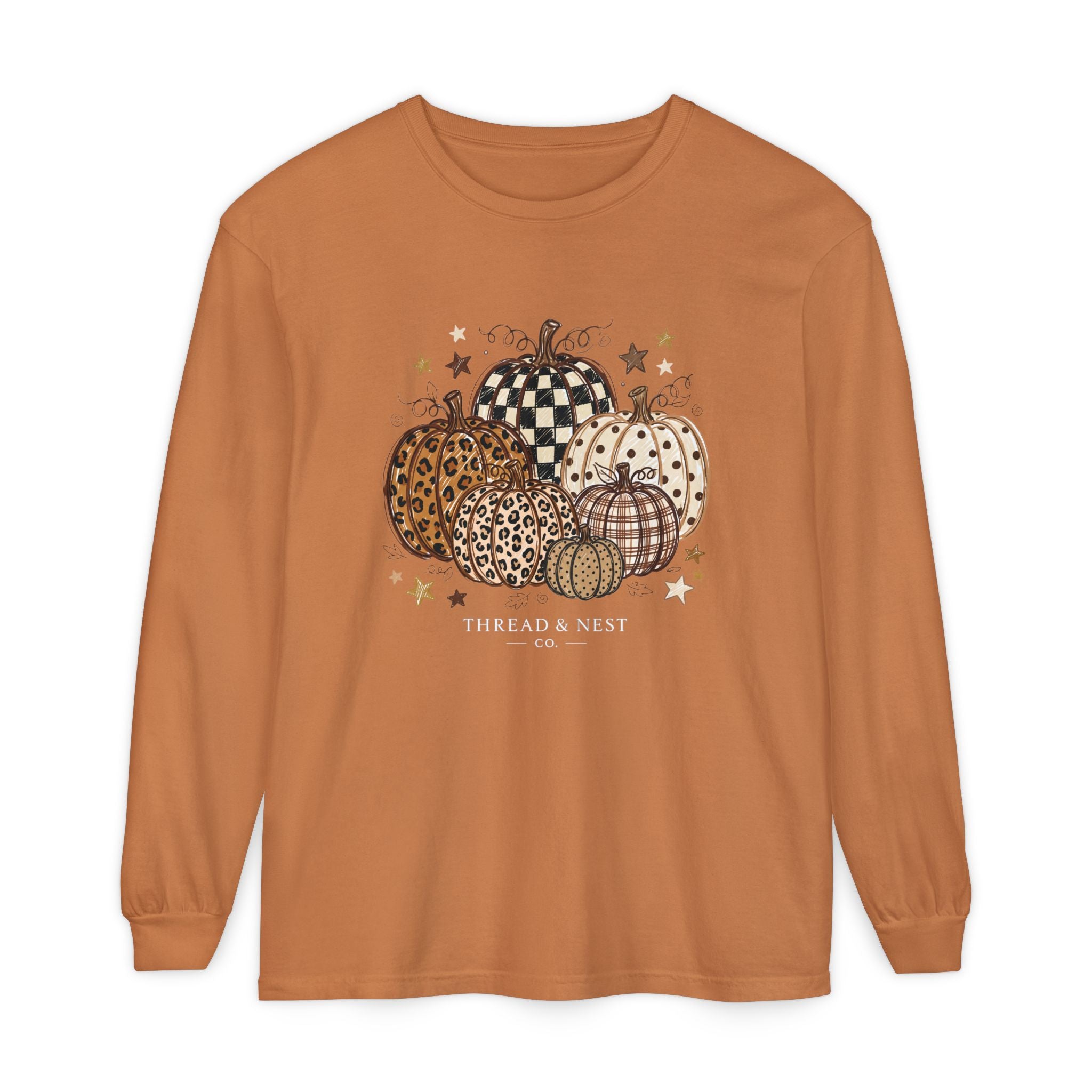 Fall Patterned Pumpkins Long Sleeve Tee — Neutral Plaid & Leopard Pumpkin Shirt