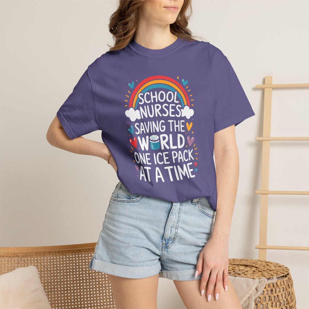 School Nurse T-Shirt — "Saving the World One Ice Pack at a Time" Cute Rainbow Graphic