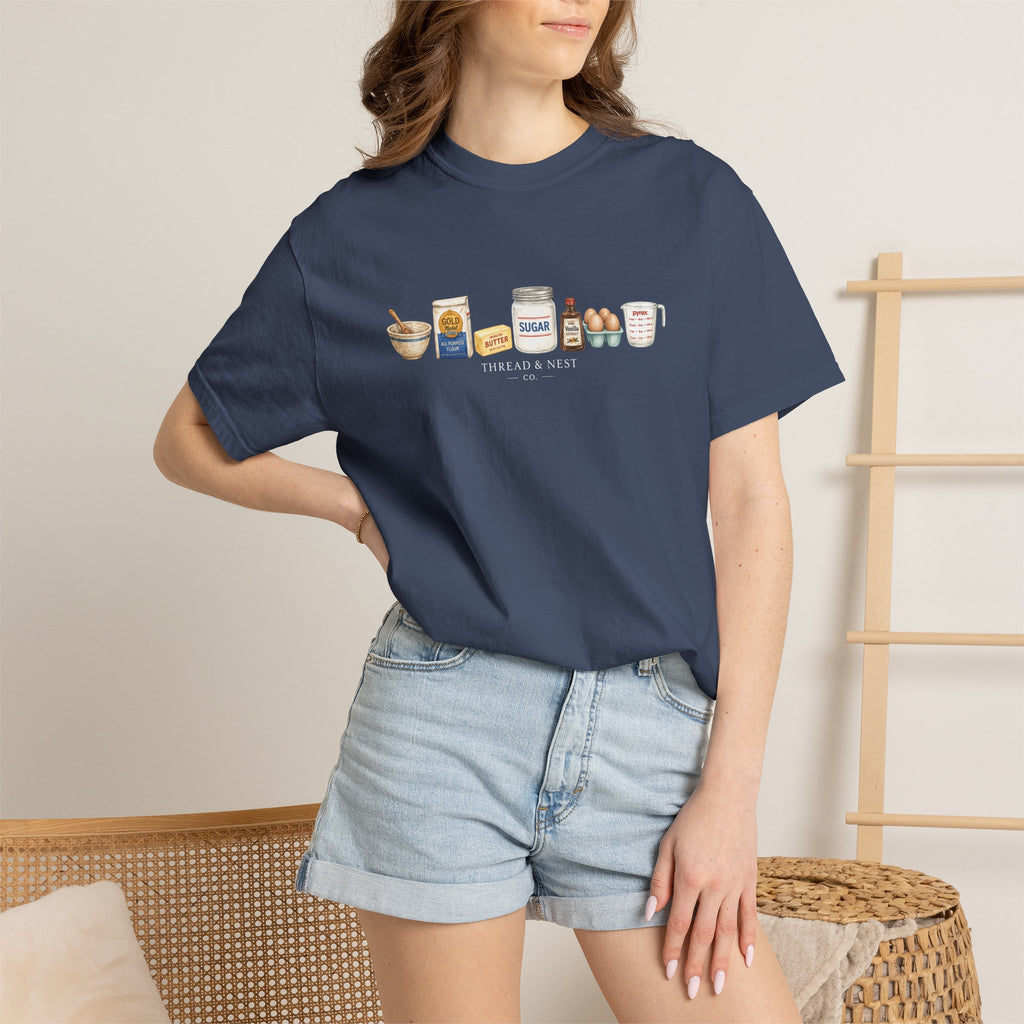 Baking Ingredients T-Shirt — Cute Illustrated Flour, Eggs & Milk Kitchen Tee
