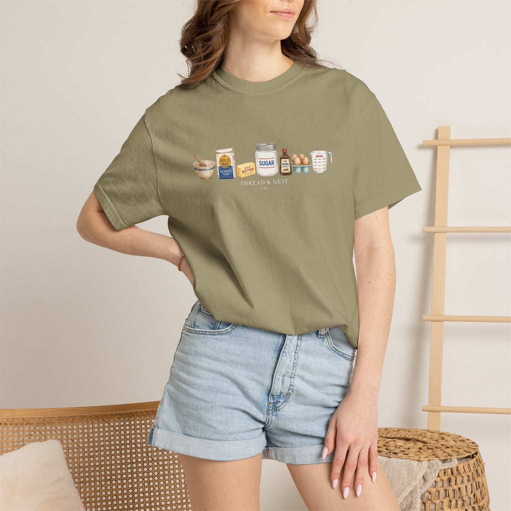 Baking Ingredients T-Shirt — Cute Illustrated Flour, Eggs & Milk Kitchen Tee