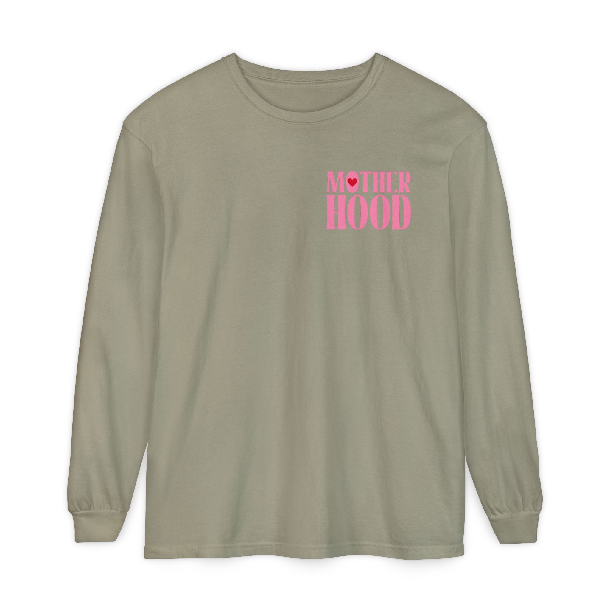 Motherhood Long Sleeve Tee — Pink Retro Heart Graphic