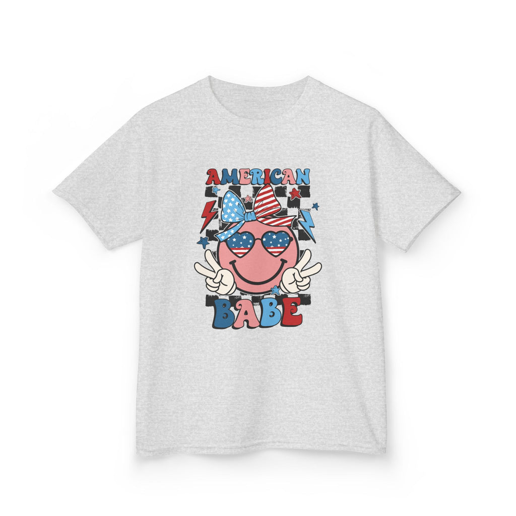 American Babe Kids T‑Shirt – Patriotic Smiley Sunglasses 4th of July Tee