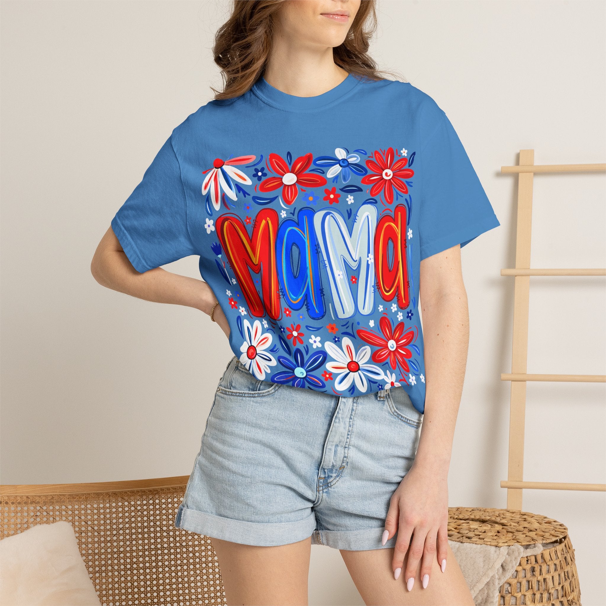 Mama Floral T-Shirt — Patriotic Red, White & Blue Mother's Day Tee