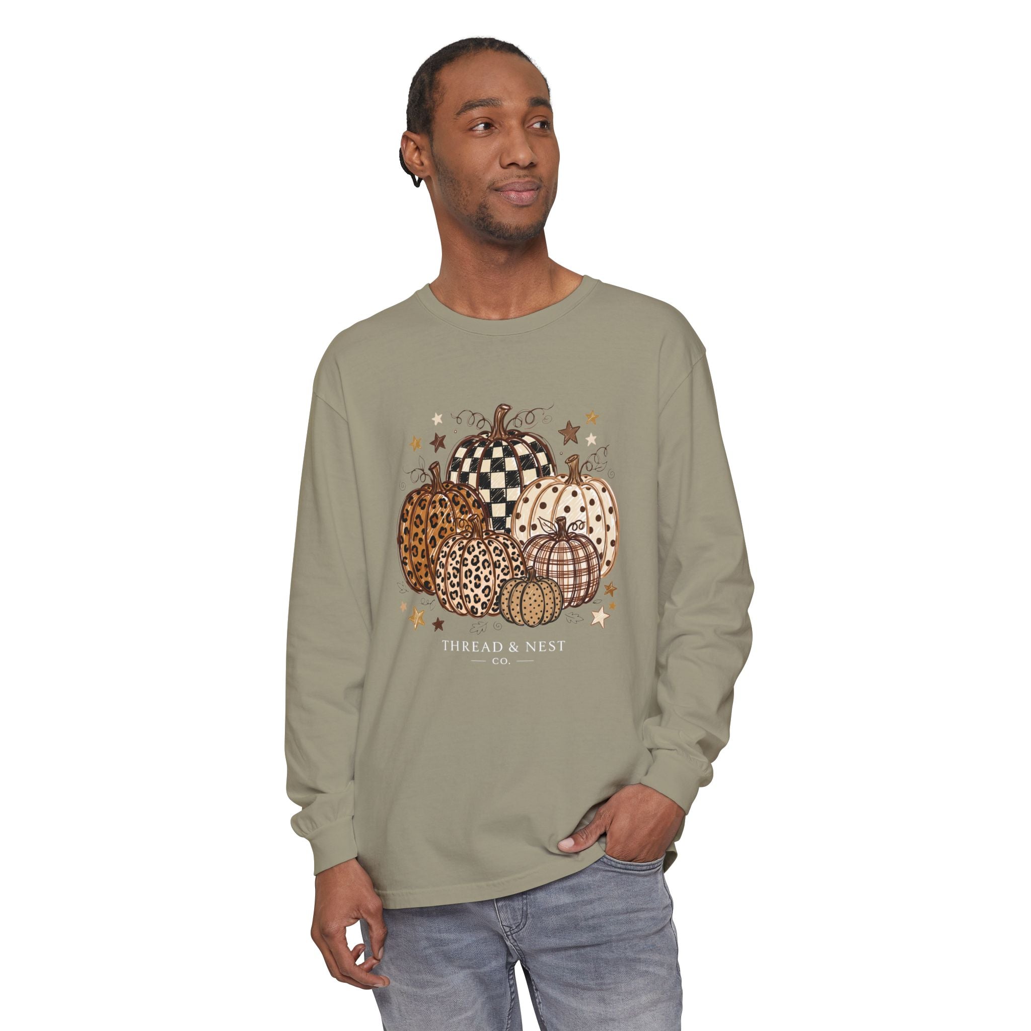 Fall Patterned Pumpkins Long Sleeve Tee — Neutral Plaid & Leopard Pumpkin Shirt