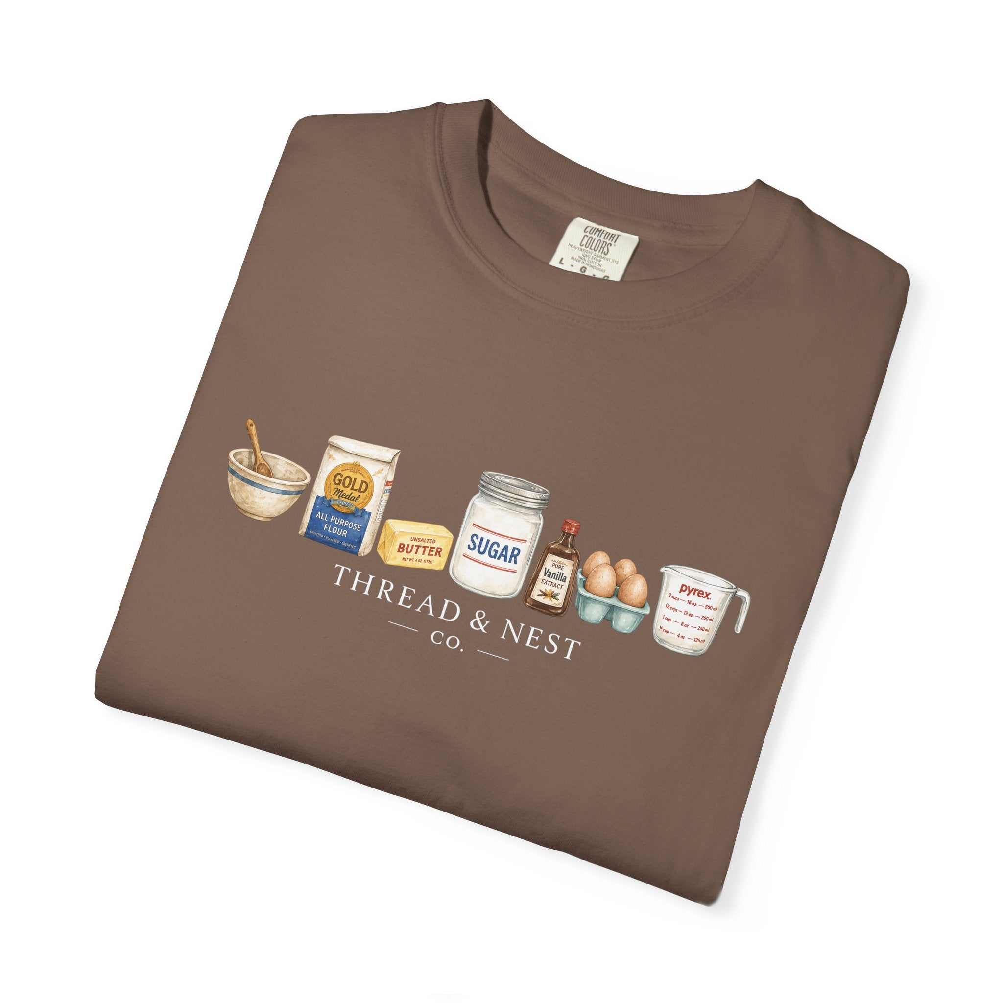 Baking Ingredients T-Shirt — Cute Illustrated Flour, Eggs & Milk Kitchen Tee