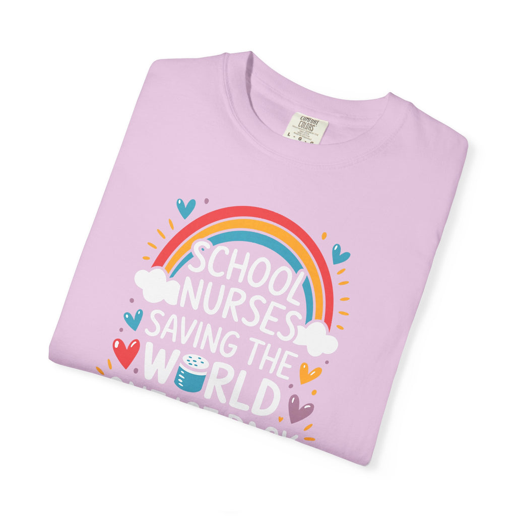 School Nurse T-Shirt — "Saving the World One Ice Pack at a Time" Cute Rainbow Graphic