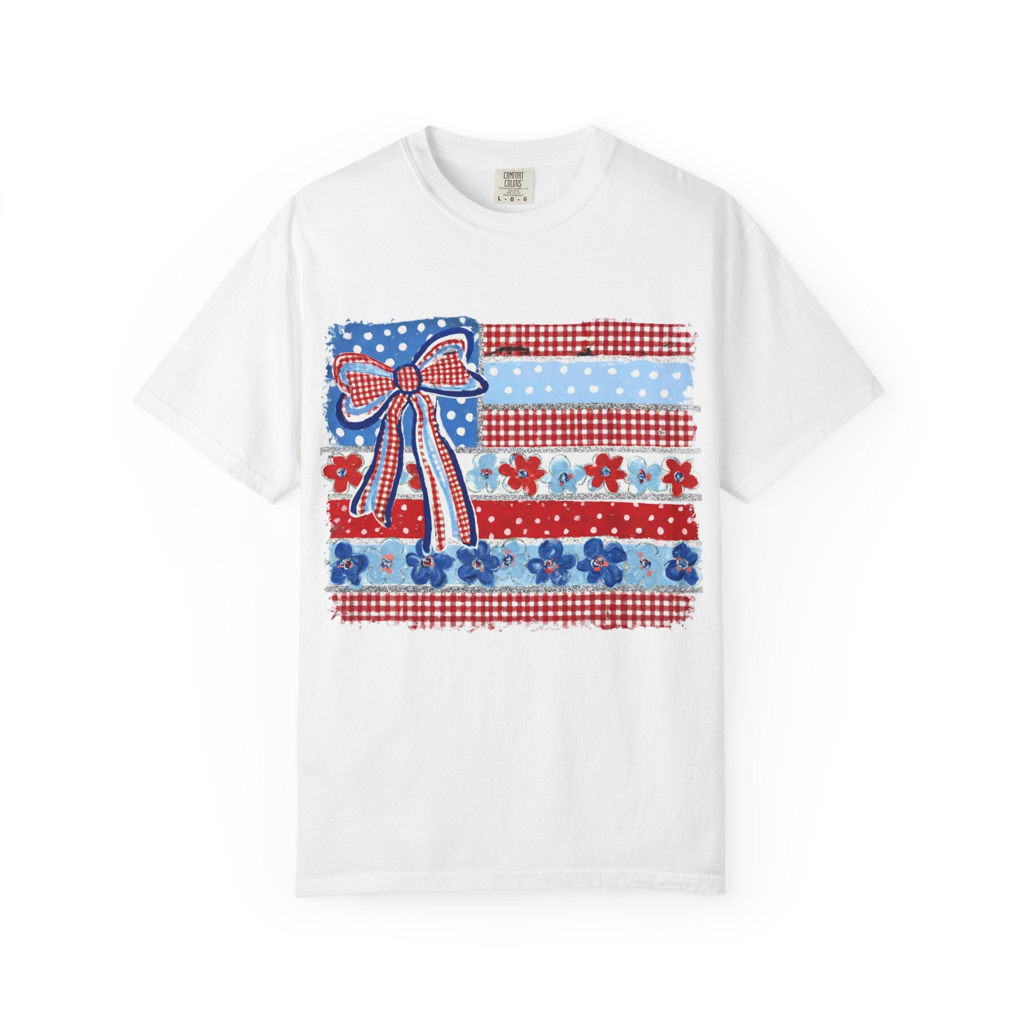 Patriotic Patchwork Flag T-Shirt — Red White & Blue Bow Tee