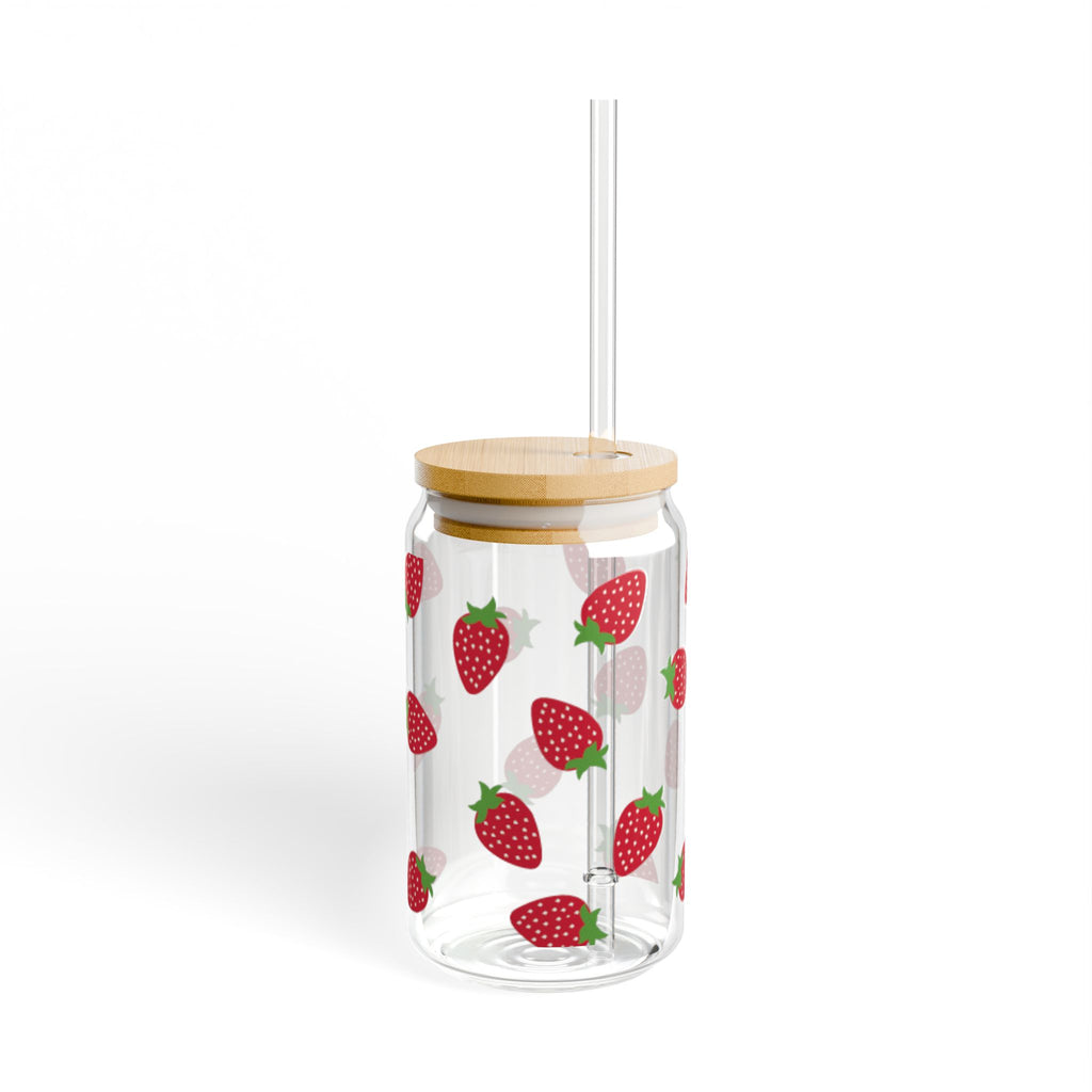 Strawberry Pattern Sipper Glass, 16oz – Clear Mason-Style Tumbler with Bamboo Lid & Straw