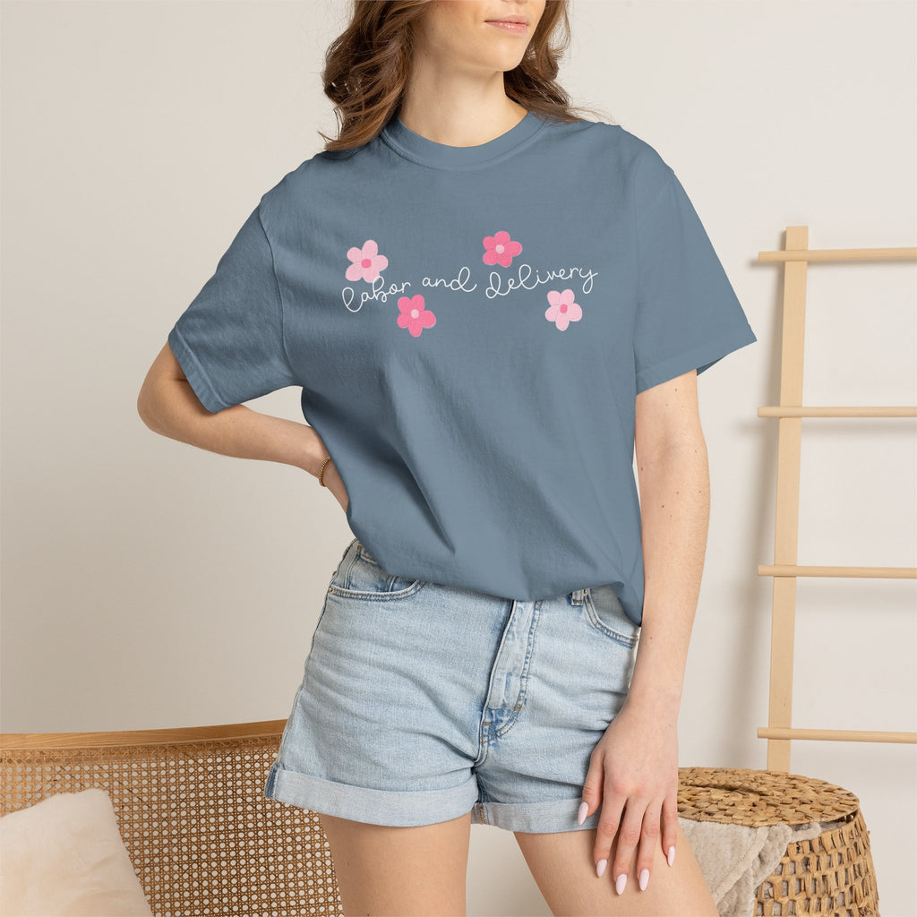 T-Shirt — “Labor and Delivery” Pink Flower Script Tee
