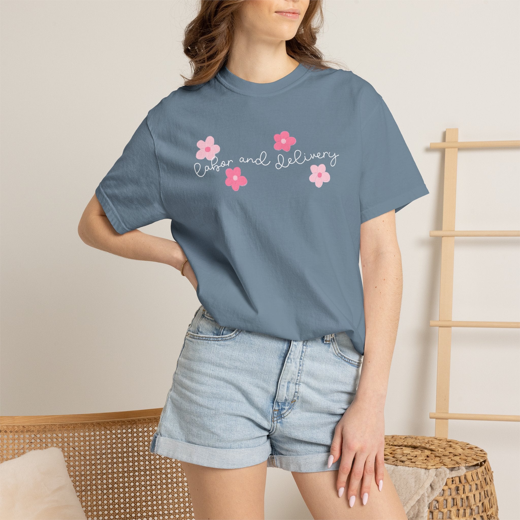 T-Shirt — “Labor and Delivery” Pink Flower Script Tee